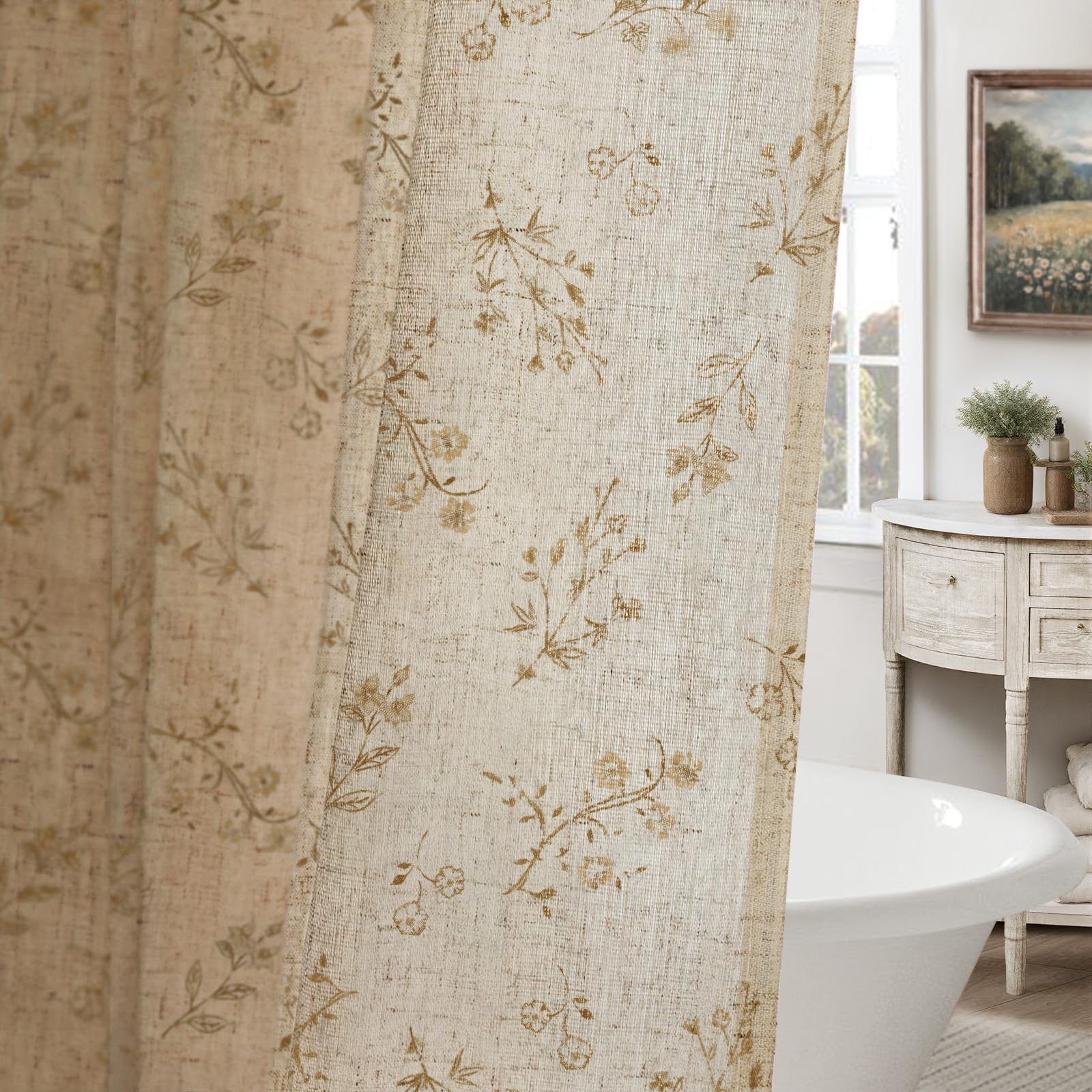 Floral Farmhouse Vintage Linen Shower Curtain, French Country Spring Shower Curtains for Bathroom, 72Wx72H