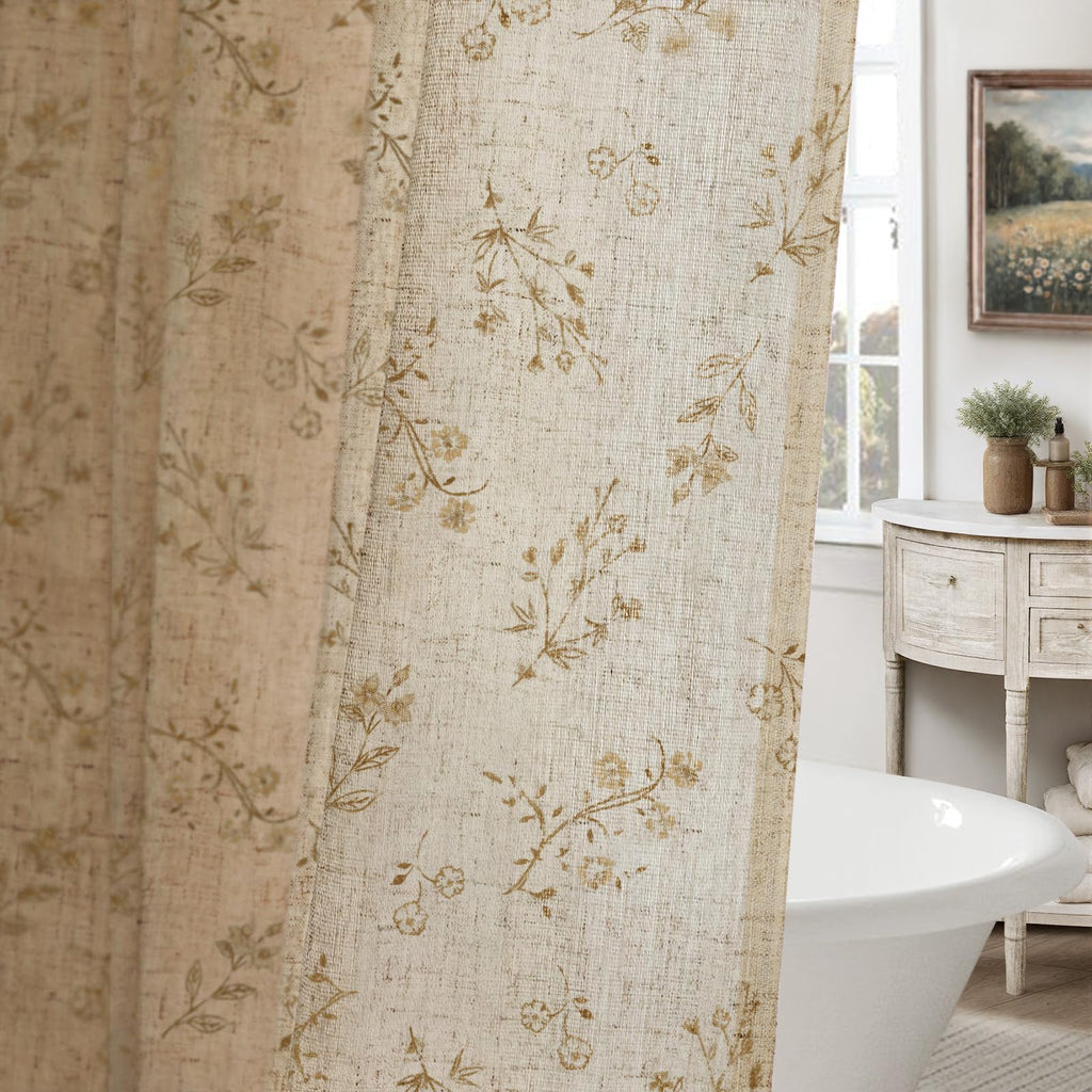 Floral Farmhouse Vintage Linen Shower Curtain, French Country Spring Shower Curtains for Bathroom, 72Wx72H