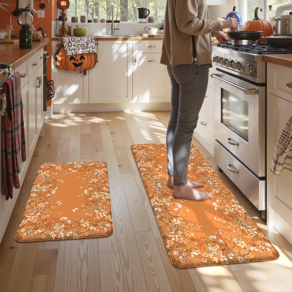 KIMODE Anti Fatigue Kitchen Mats for Floor, Boho Floral Kitchen Rugs Sets of 2, Cushioned Kitchen Floor Mats Non Slip, Comfort Spring Rugs for Kitchen Floor Sink Laundry Desk Beige 17.3"x29"+17.3"x47"