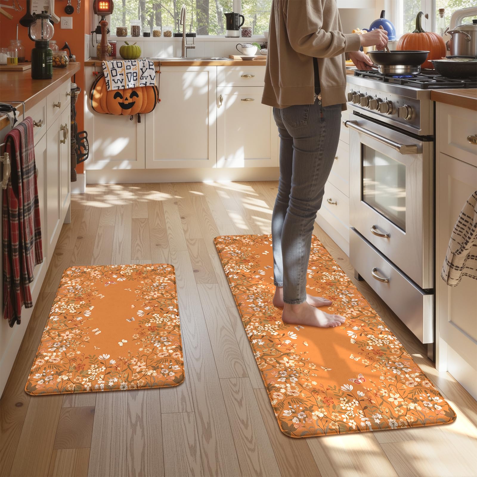 KIMODE Anti Fatigue Kitchen Mats for Floor, Boho Floral Kitchen Rugs Sets of 2, Cushioned Kitchen Floor Mats Non Slip, Comfort Spring Rugs for Kitchen Floor Sink Laundry Desk Beige 17.3"x29"+17.3"x47"