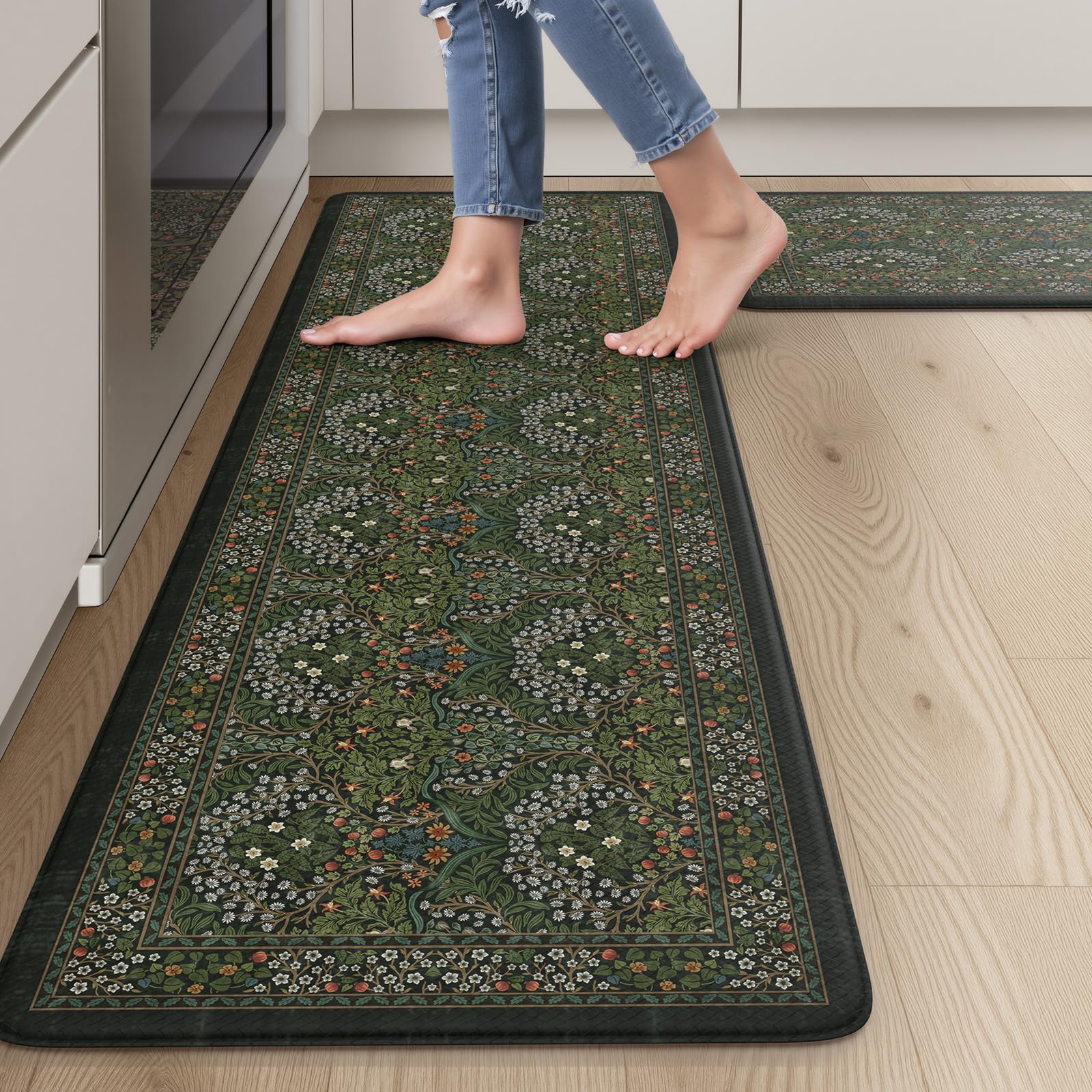 Collive Kitchen Mats for Floor 2PCS, Cushioned Anti Fatigue Mat Non Slip Waterproof Kitchen Sink Rugs, Washable Vintage Spring Floral Rug Comfort Standing Mat for Laundry, Desk, Bar, Office, Black