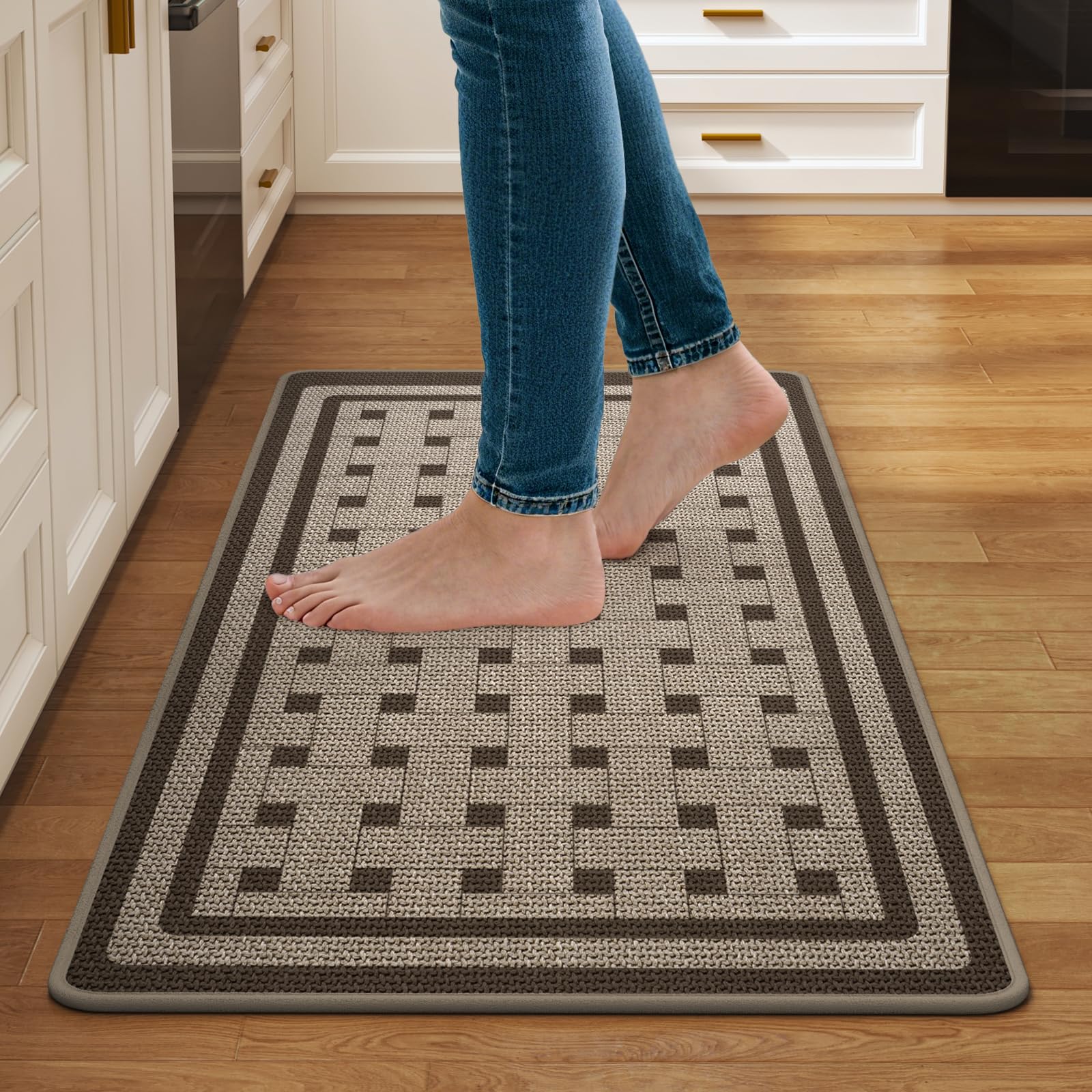 Kitchen Rugs Set of 2,Kitchen Mats for Floor, Runner Rugs Non Slip Washable Absorbent Kitchen Floor Mat, Braided Kitchen Sink Rug, 17''x30''+17''x47'' Brown