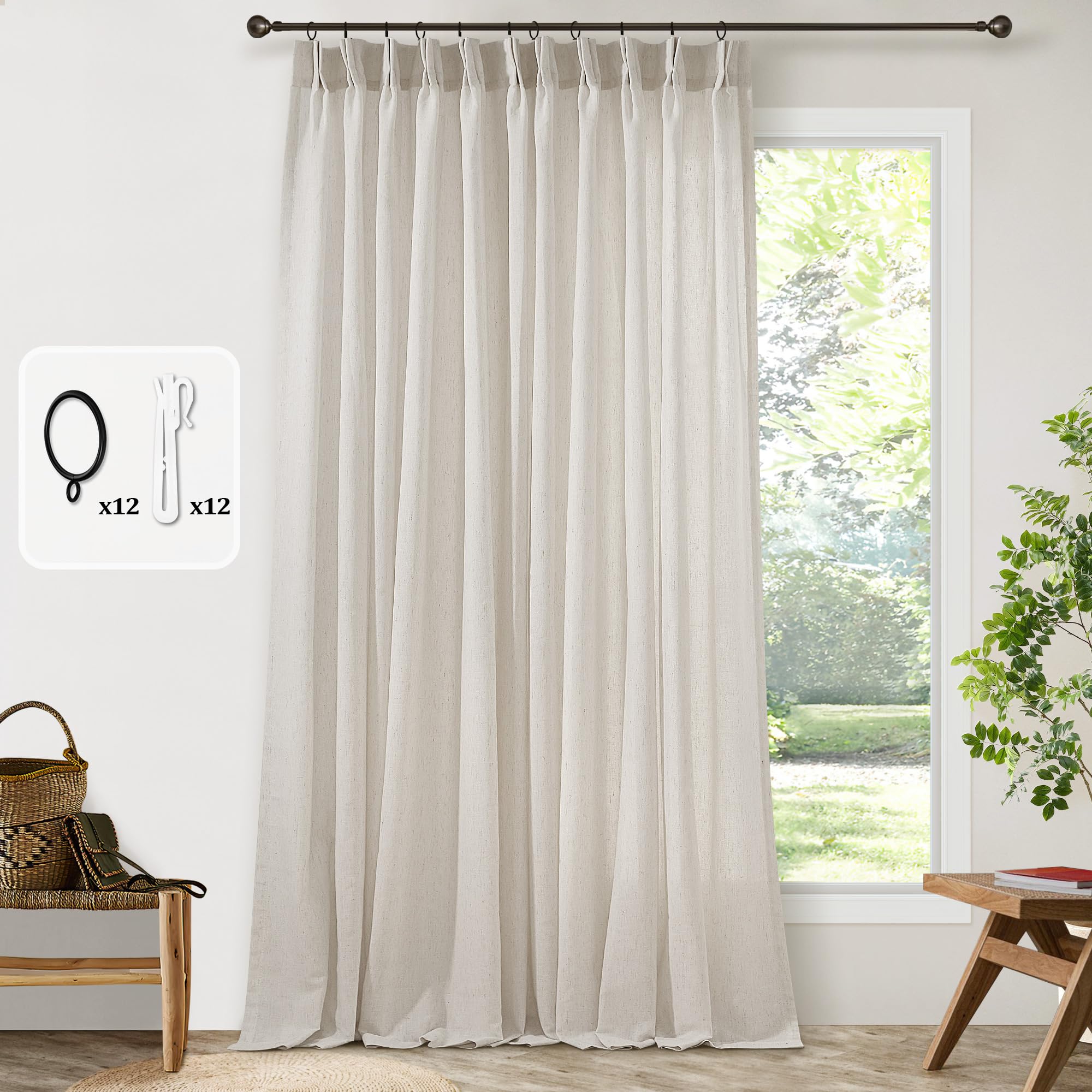 Natural Pinch Pleated Linen Curtains 72 Inches Long 72 Inch Wide for Living Room Bathroom Light Filtering Semi Sheer Shower Bath Curtain 72x72 Boho Neutral Pinch Pleated Drape Hooks Rings 1 Panel