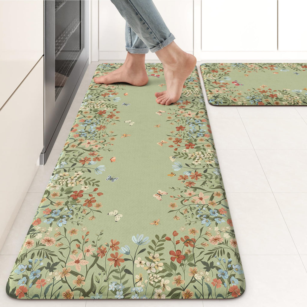 KIMODE Anti Fatigue Kitchen Mats for Floor, Boho Floral Kitchen Rugs Sets of 2, Cushioned Kitchen Floor Mats Non Slip, Comfort Spring Rugs for Kitchen Floor Sink Laundry Desk Beige 17.3"x29"+17.3"x47"