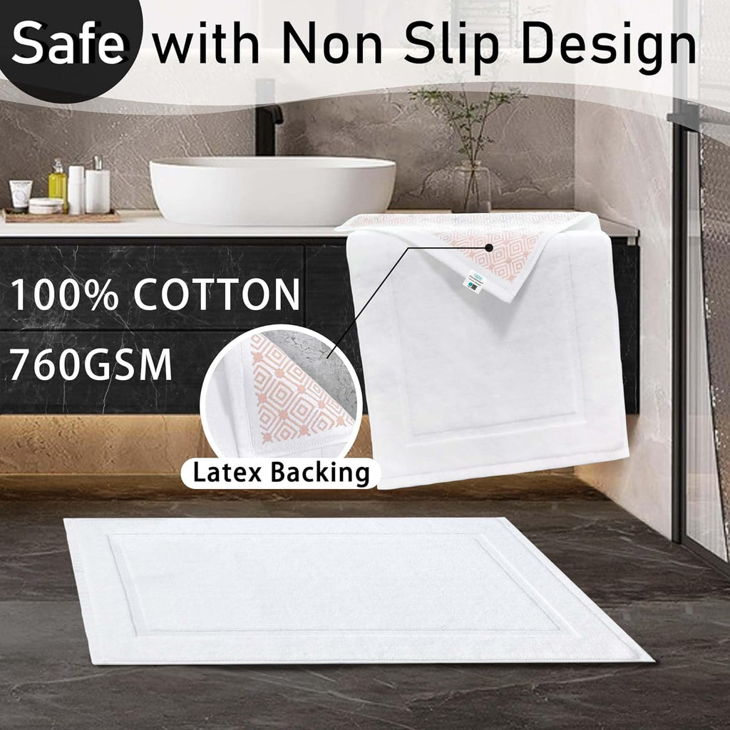 VOOVA & MOVAS White Hotel-Grade Quality Cotton Bath Mats Set of 2 - Non Slip Design, Thick 1000gsm, Absorbent, Machine Washable, Large 22"x35" Bathroom Floor Towels, Safe for Bath Floors