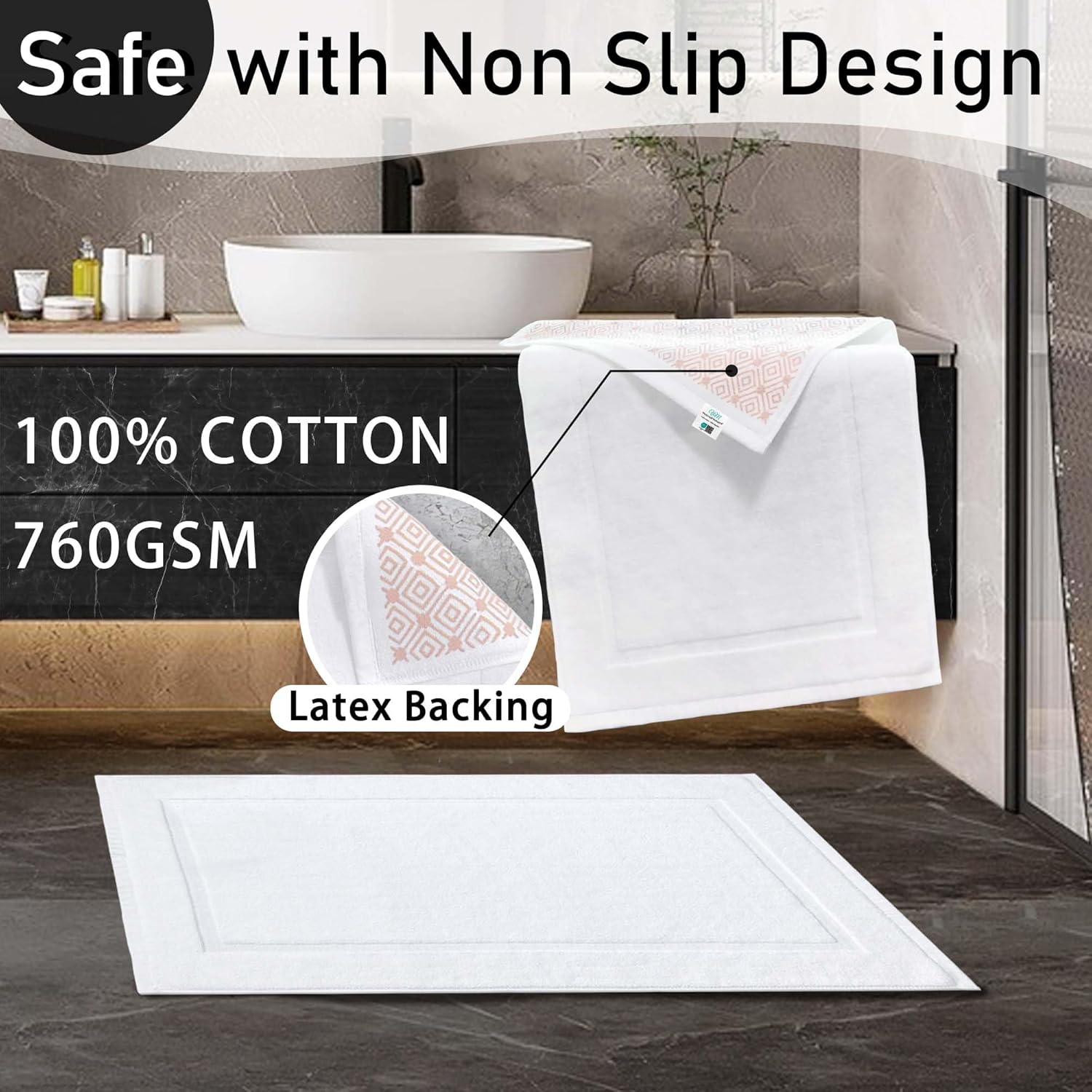 VOOVA & MOVAS White Hotel-Grade Quality Cotton Bath Mats Set of 2 - Non Slip Design, Thick 1000gsm, Absorbent, Machine Washable, Large 22"x35" Bathroom Floor Towels, Safe for Bath Floors
