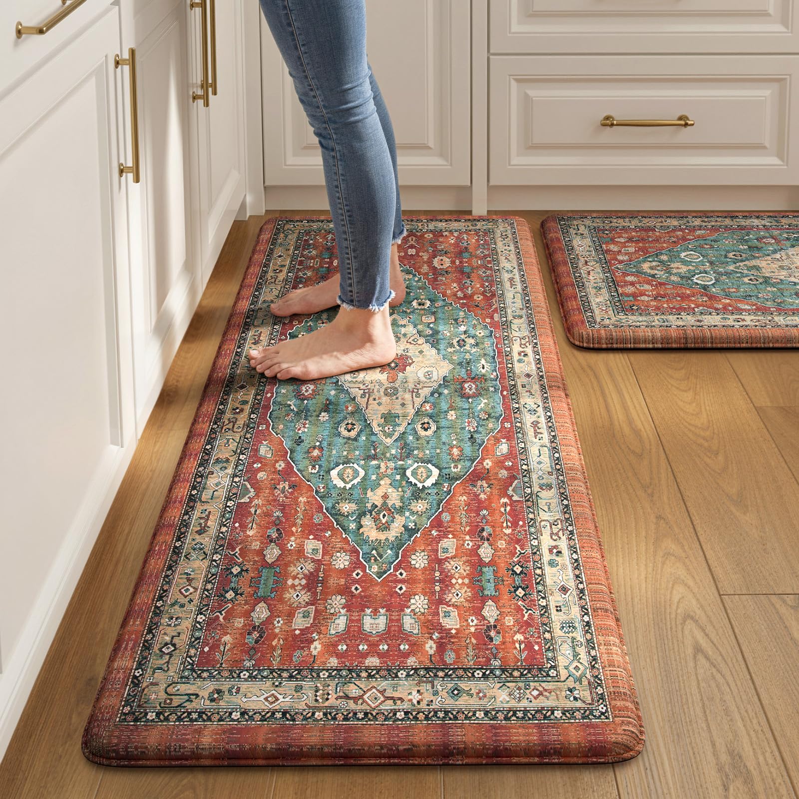 Collive Boho Kitchen Mats 2PCS, Cushioned Kitchen Mat for Floor Anti Fatigue Waterproof Kitchens Rugs Set of 2, Non Skid Comfort Standing Rug for Office, Sink, Laundry, 17.3"x29"+17.3"x47"