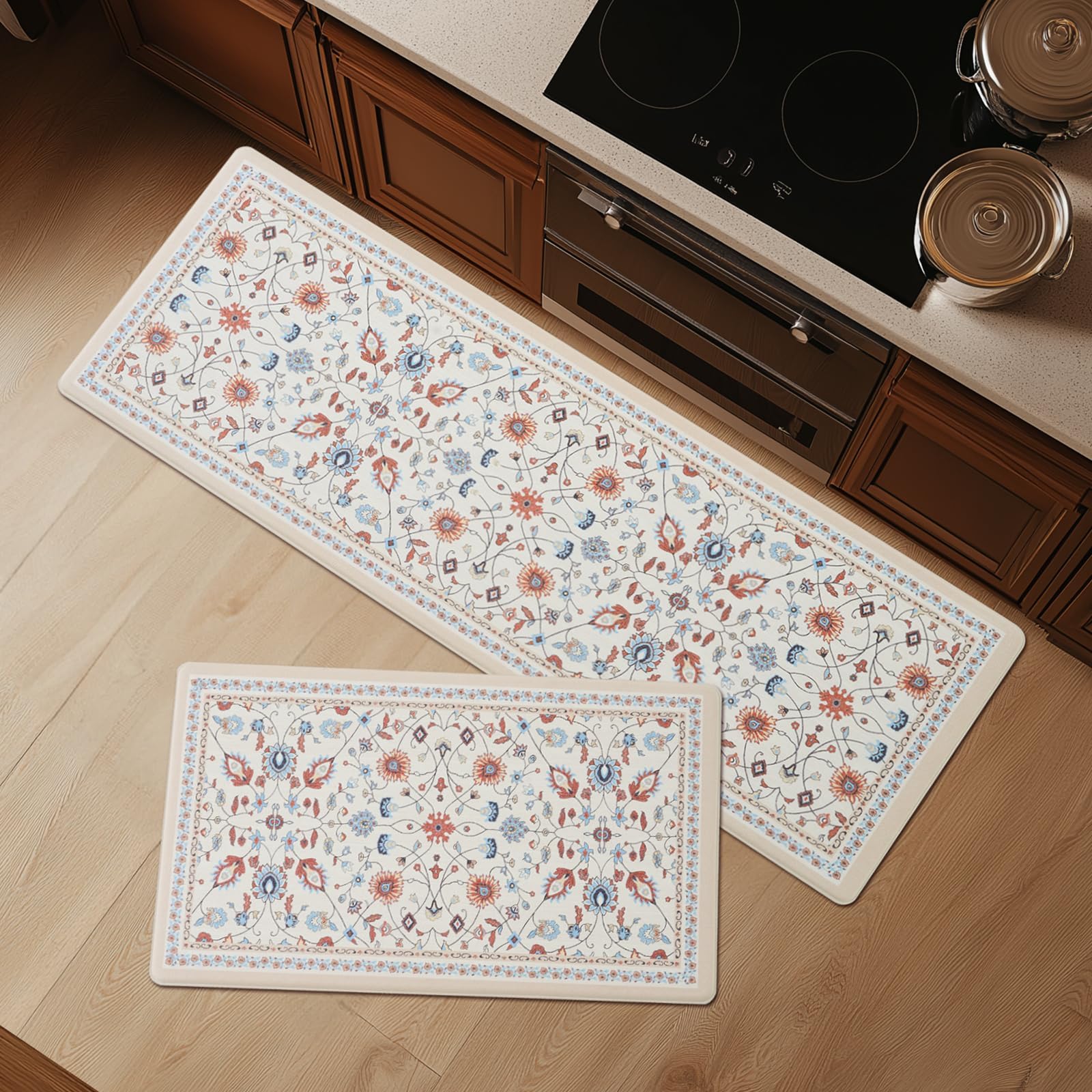 FRESHMINT Anti Fatigue Kitchen Mats for Floor 2 Piece Set, Waterproof & Non-Skid Vintage Floarl Kitchen Rugs, Cushioned Kitchen Mat for Standing Washable Comfort Desk Kitchen Runners, 17x30''+17x47''