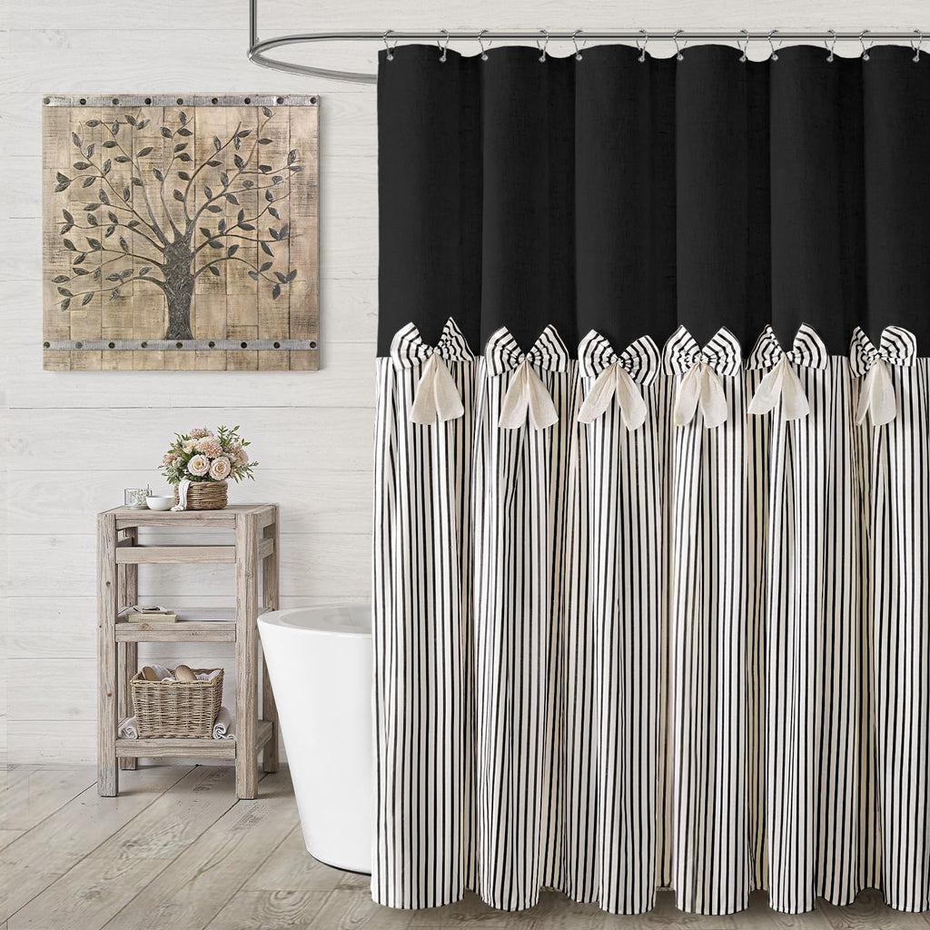Farmhouse Shower Curtain Linen Beige Button Woven Fabric Country Rustic Western, Pleated Brown Stripe 72" W x 72" L
