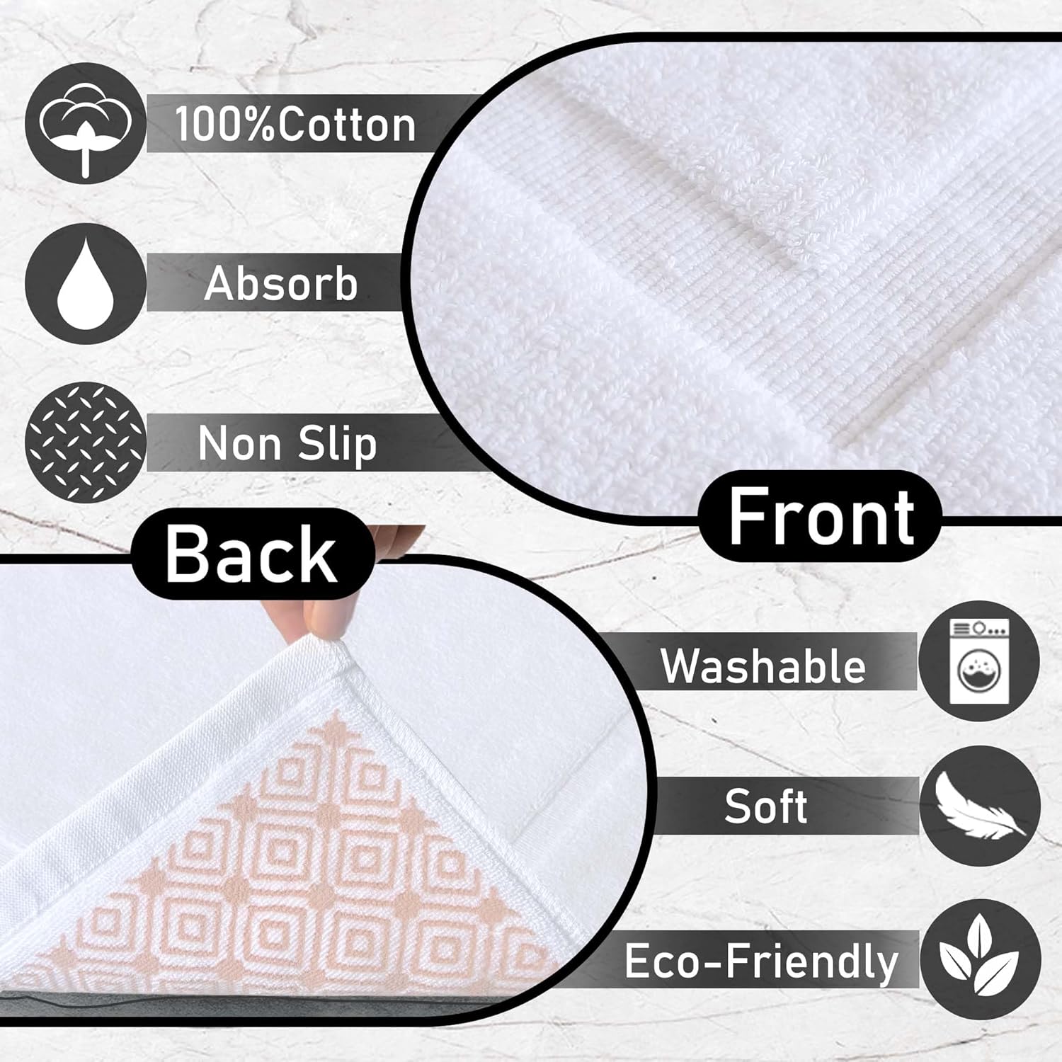VOOVA & MOVAS White Hotel-Grade Quality Cotton Bath Mats Set of 2 - Non Slip Design, Thick 1000gsm, Absorbent, Machine Washable, Large 22"x35" Bathroom Floor Towels, Safe for Bath Floors