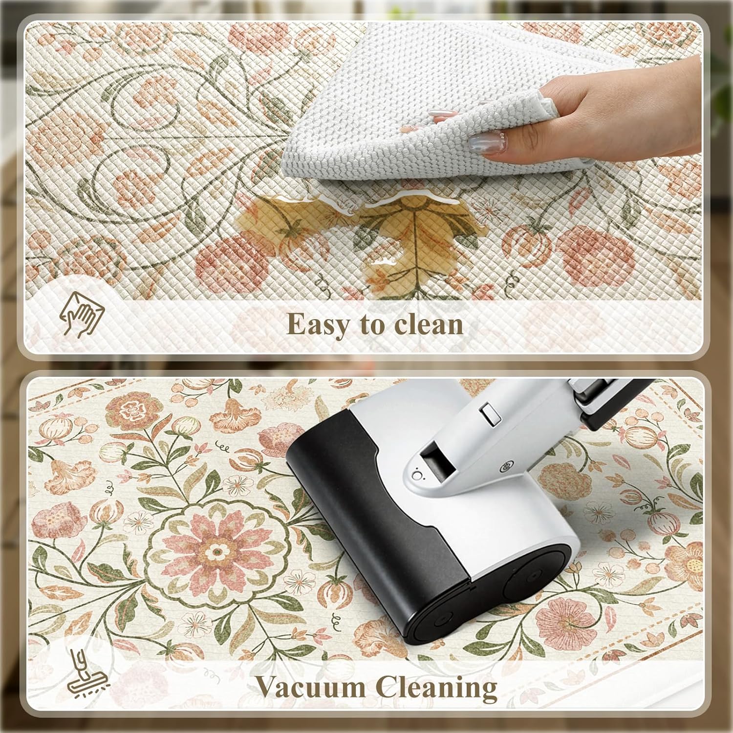 KIMODE Anti Fatigue Mats for Kitchen Floor Non Slip,Farmhouse Boho Floral Standing Kitchen Rugs Sets of 2,Comfort Cushioned Padded Ergonomic Carpet for Laundry Sink Office,Beige