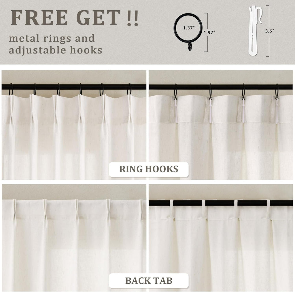 Natural Pinch Pleated Linen Curtains 72 Inches Long 72 Inch Wide for Living Room Bathroom Light Filtering Semi Sheer Shower Bath Curtain 72x72 Boho Neutral Pinch Pleated Drape Hooks Rings 1 Panel