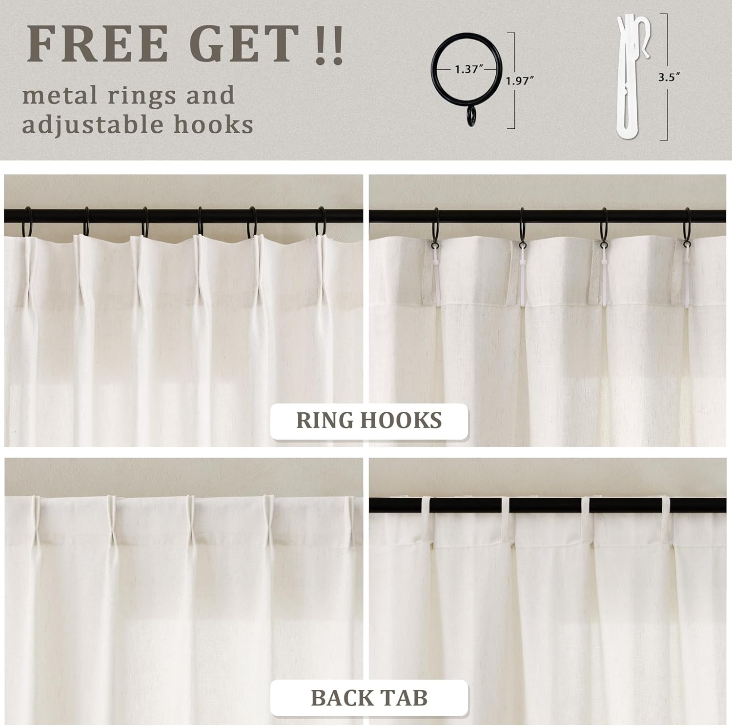 Natural Pinch Pleated Linen Curtains 72 Inches Long 72 Inch Wide for Living Room Bathroom Light Filtering Semi Sheer Shower Bath Curtain 72x72 Boho Neutral Pinch Pleated Drape Hooks Rings 1 Panel