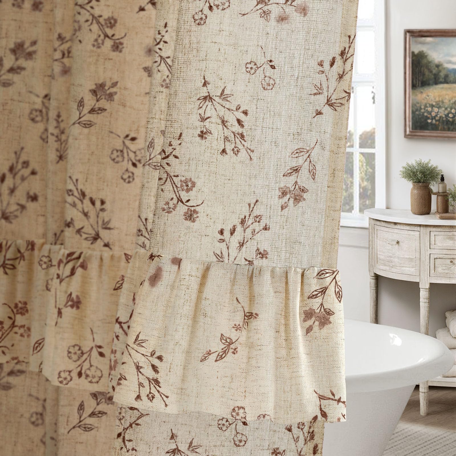 Floral Farmhouse Vintage Linen Shower Curtain, French Country Spring Shower Curtains for Bathroom, 72Wx72H