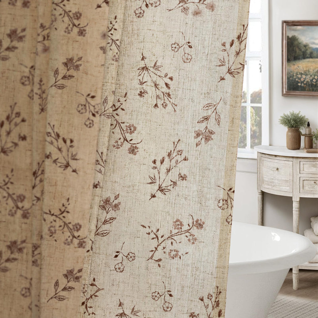 Floral Farmhouse Vintage Linen Shower Curtain, French Country Spring Shower Curtains for Bathroom, 72Wx72H