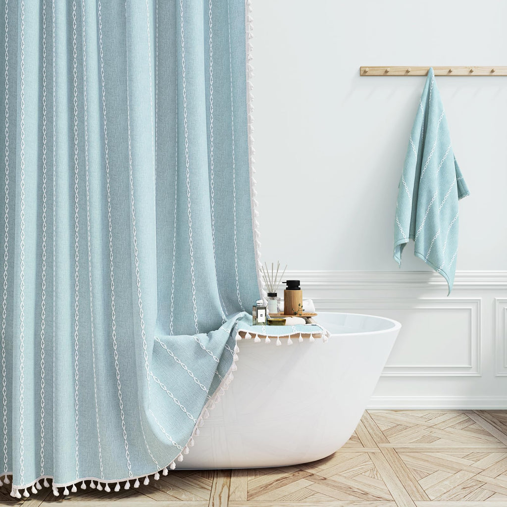 BTTN Boho Farmhouse Shower Curtain, Linen Rustic Weighted Striped Cloth Shower Curtain Set with Tassel, Water Repellent, Bohemian Vintage Country Fabric Shower Curtain for Bathroom, Cream/Beige, 72x72