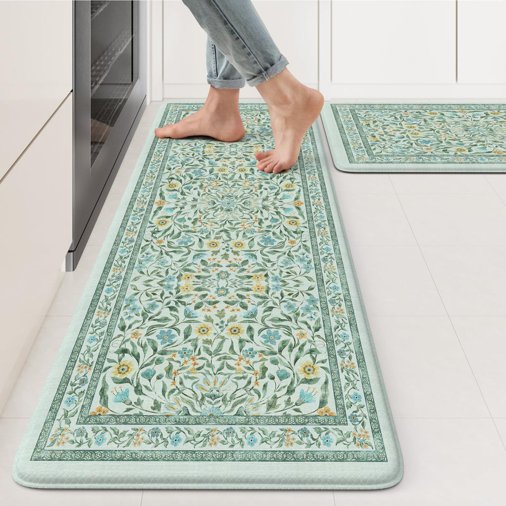 KIMODE Anti Fatigue Kitchen Mats for Floor, Boho Floral Kitchen Rugs Sets of 2, Cushioned Kitchen Floor Mats Non Slip, Comfort Spring Rugs for Kitchen Floor Sink Laundry Desk Beige 17.3"x29"+17.3"x47"