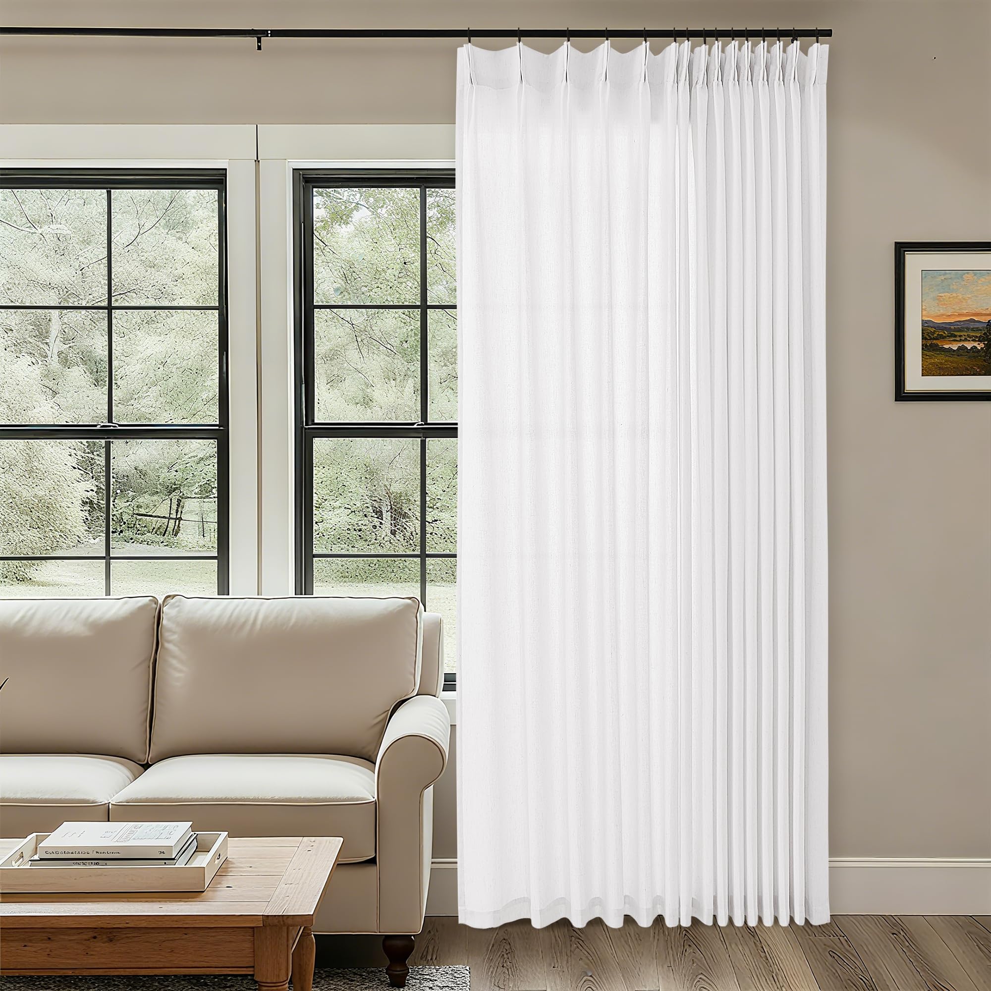 Natural Pinch Pleated Linen Curtains 72 Inches Long 72 Inch Wide for Living Room Bathroom Light Filtering Semi Sheer Shower Bath Curtain 72x72 Boho Neutral Pinch Pleated Drape Hooks Rings 1 Panel