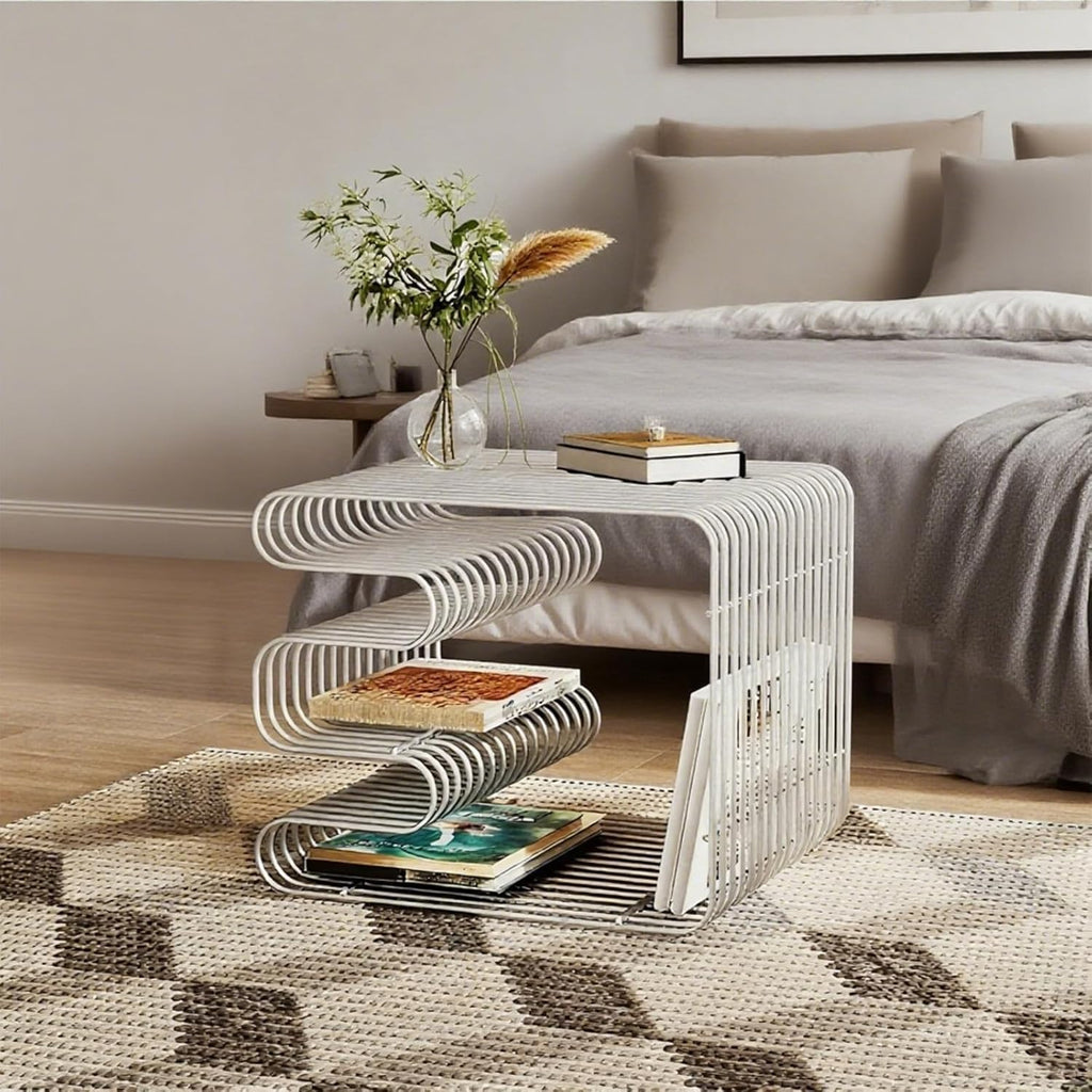 Metal Side Table Stainless Steel Linear Metal Small End Table with Magazine Rack Modern Minimalist Nightstand Stainless Steel End Table with Storage Shelf for Living Room Bedroom Office