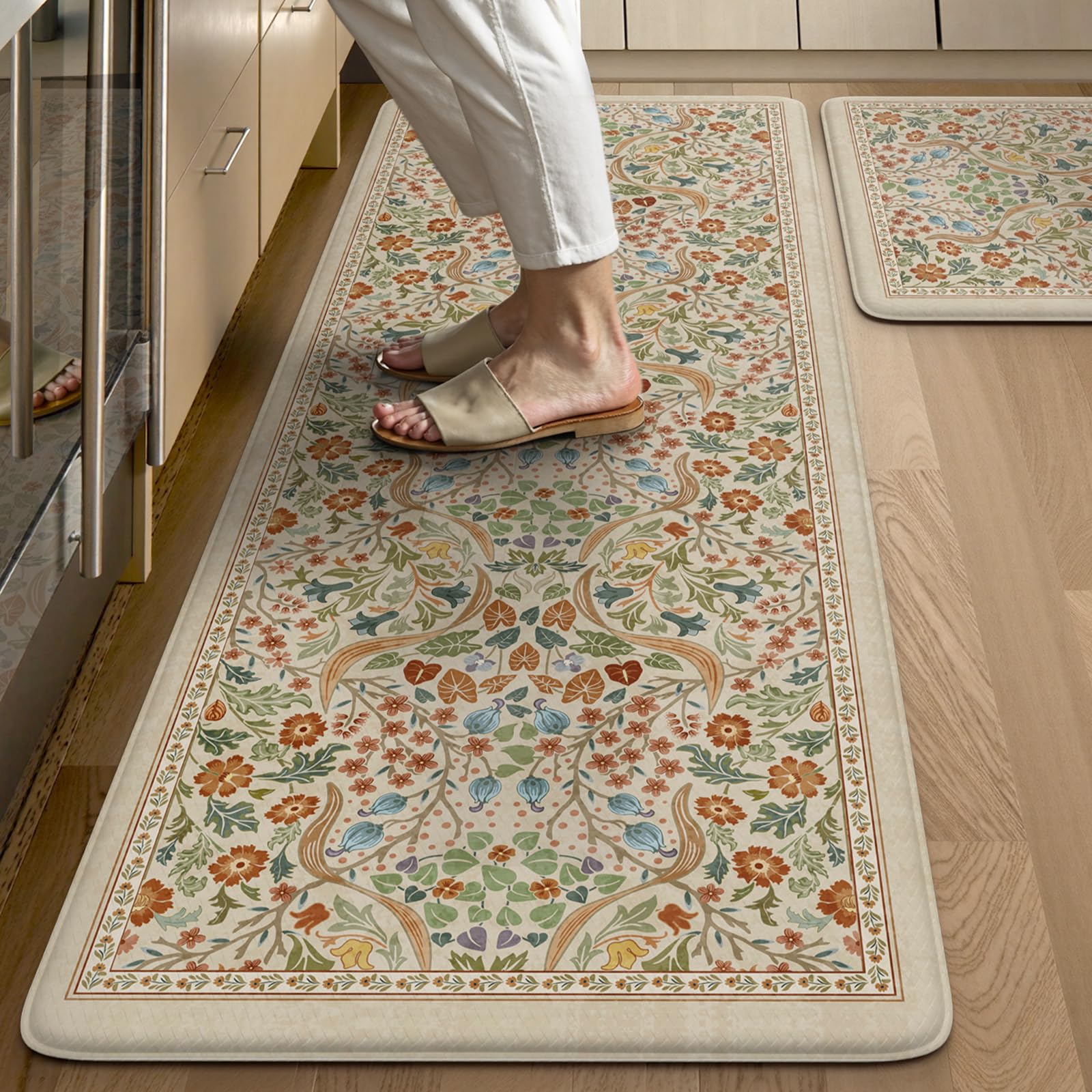 Collive Kitchen Mats for Floor 2PCS, Cushioned Anti Fatigue Mat Non Slip Waterproof Kitchen Sink Rugs, Washable Vintage Spring Floral Rug Comfort Standing Mat for Laundry, Desk, Bar, Office, Black