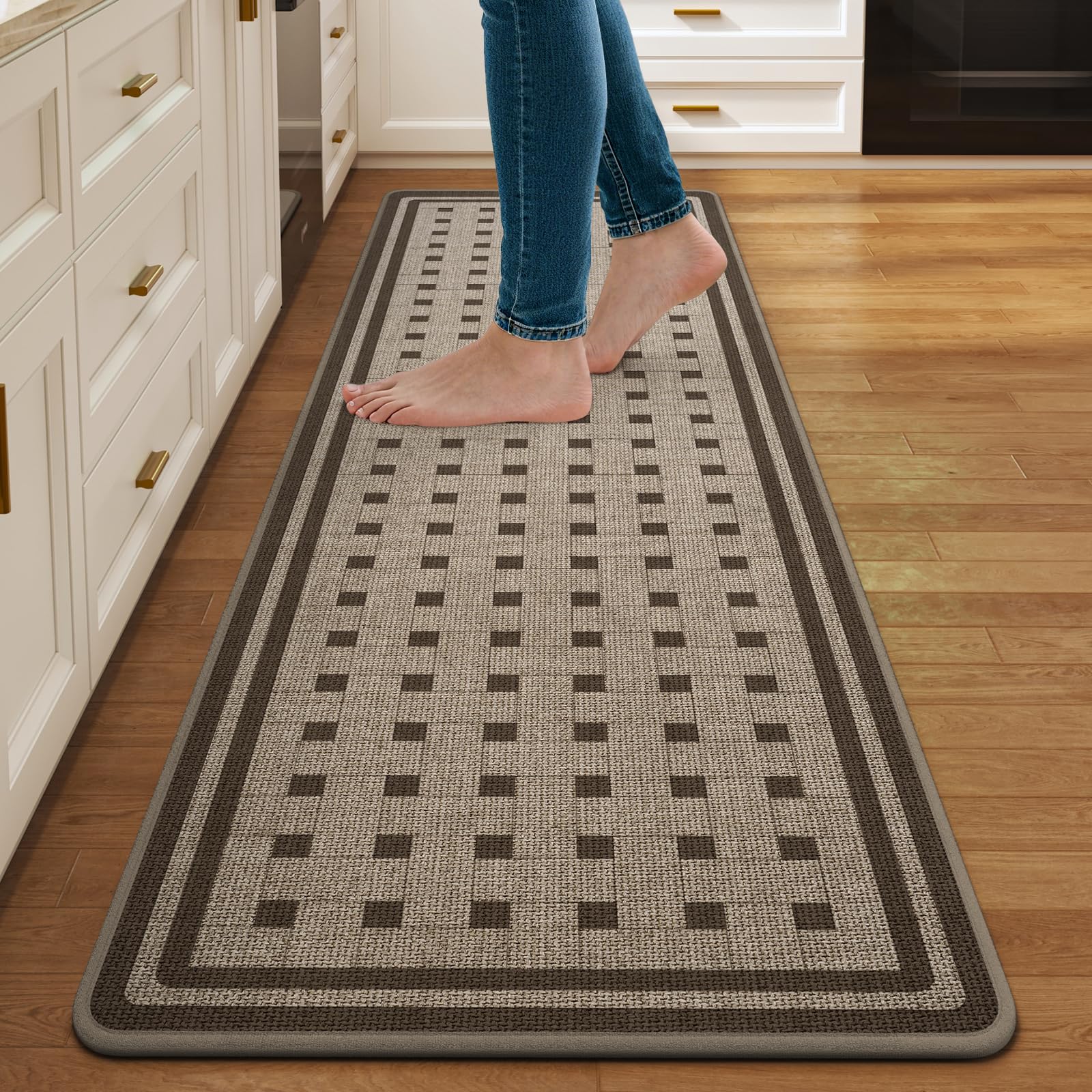 Kitchen Rugs Set of 2,Kitchen Mats for Floor, Runner Rugs Non Slip Washable Absorbent Kitchen Floor Mat, Braided Kitchen Sink Rug, 17''x30''+17''x47'' Brown