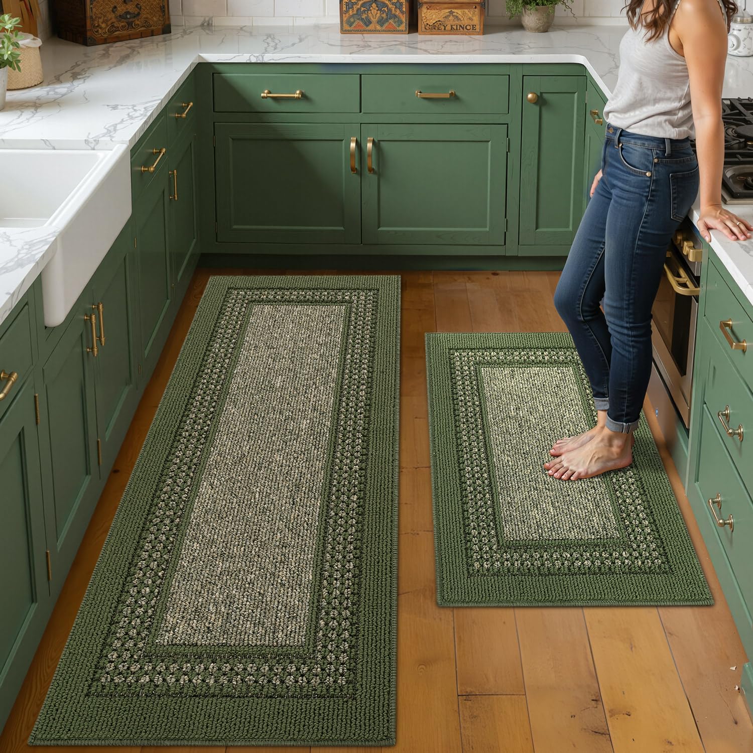 hicorfe Kitchen Runner Rugs,Set of 2 Non Slip Kitchen Mats for Floor,Vintage Stain Resistant Kitchen Mat Floor Carpet for Hallways Entryway Laundry Room Washable(20"x59"+20"x48",Grey)