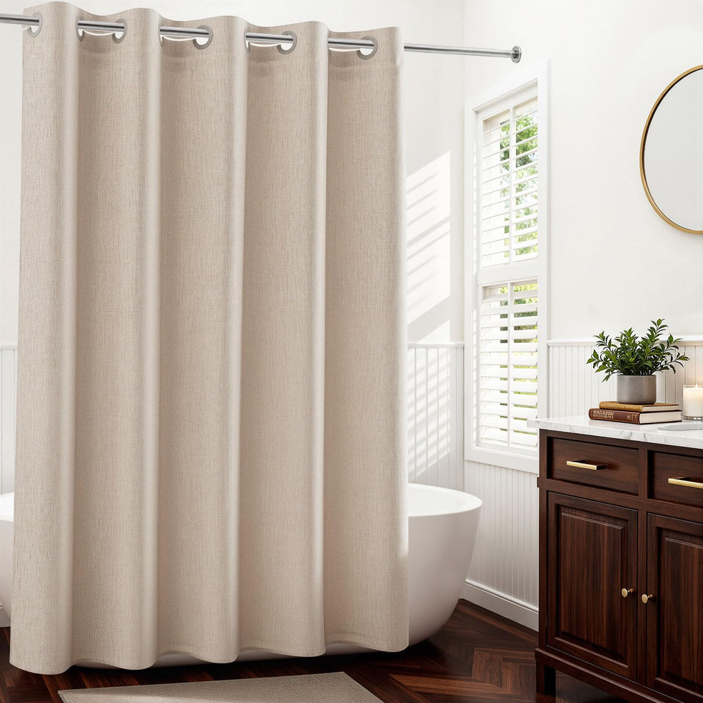 River Dream Linen Textured No Hook Shower Curtain with Snap-in Liner, Farmhouse Quick Dry Fabric Shower Curtain for Bathroom,Rustic Bathroom Set,See-Through Top Window,Water-Repellent,Linen,71Wx74L