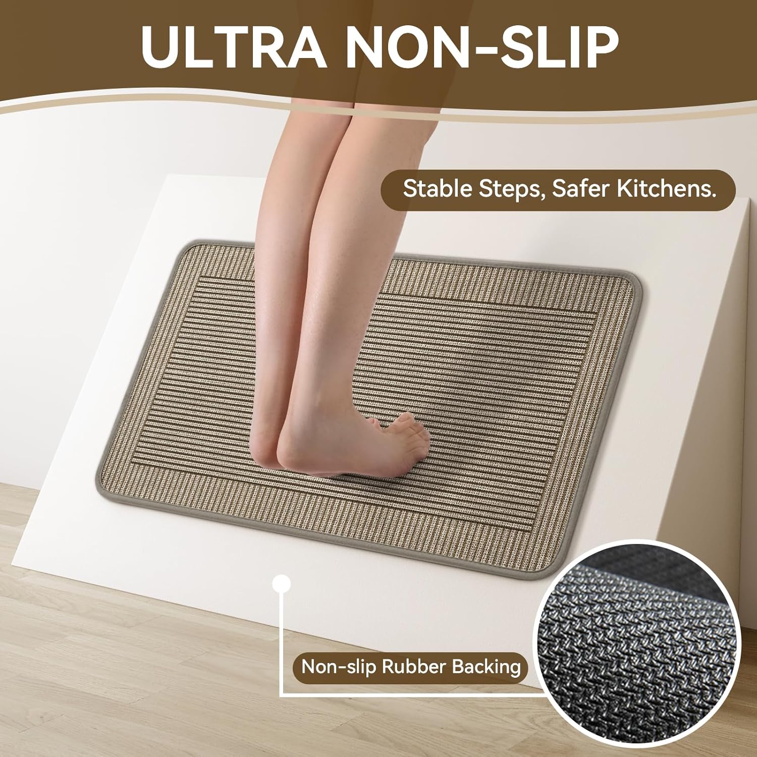 Kitchen Rugs Set of 2,Kitchen Mats for Floor, Runner Rugs Non Slip Washable Absorbent Kitchen Floor Mat, Braided Kitchen Sink Rug, 17''x30''+17''x47'' Brown
