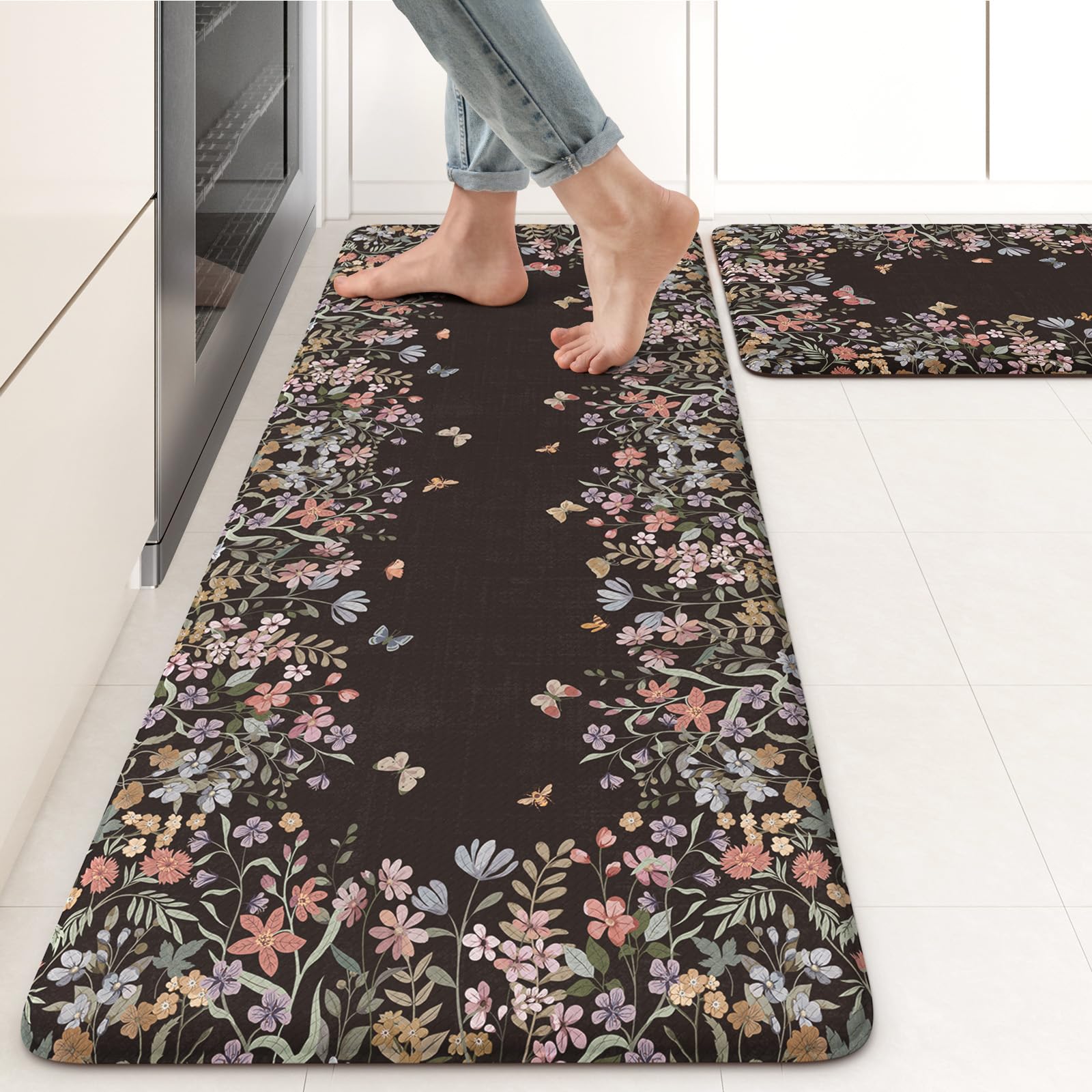 KIMODE Anti Fatigue Kitchen Mats for Floor, Boho Floral Kitchen Rugs Sets of 2, Cushioned Kitchen Floor Mats Non Slip, Comfort Spring Rugs for Kitchen Floor Sink Laundry Desk Beige 17.3"x29"+17.3"x47"