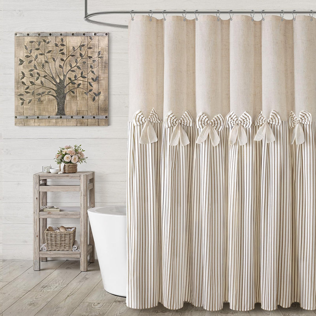 Farmhouse Shower Curtain Linen Beige Button Woven Fabric Country Rustic Western, Pleated Brown Stripe 72" W x 72" L
