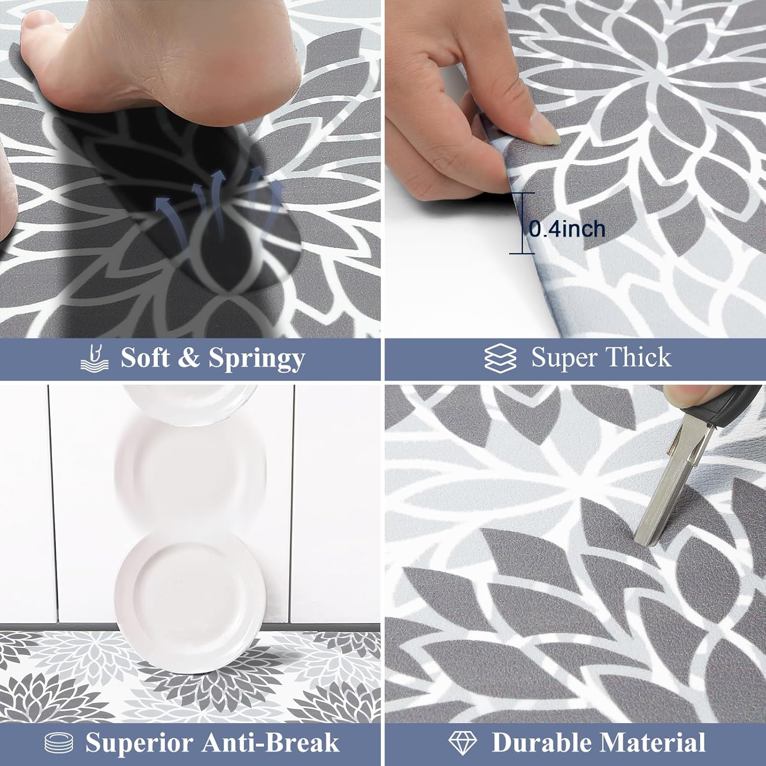HEBE Anti Fatigue Kitchen Rugs Sets of 2, Non Slip Kitchen Mats for Floor, Waterproof Cushioned Comfort Standing Carpet for Kitchen Sink, Home Office, Laundry Room, Gray
