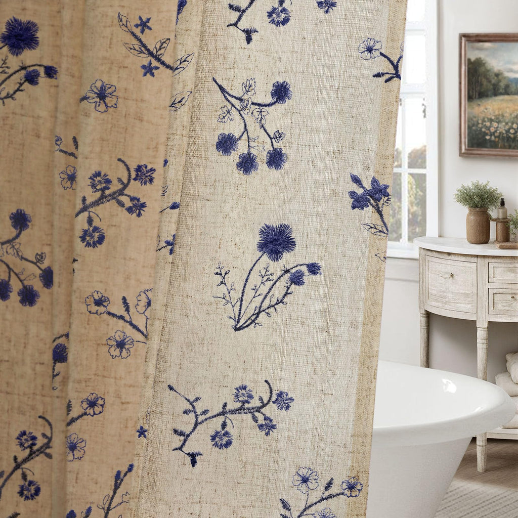 Floral Farmhouse Vintage Linen Shower Curtain, French Country Spring Shower Curtains for Bathroom, 72Wx72H