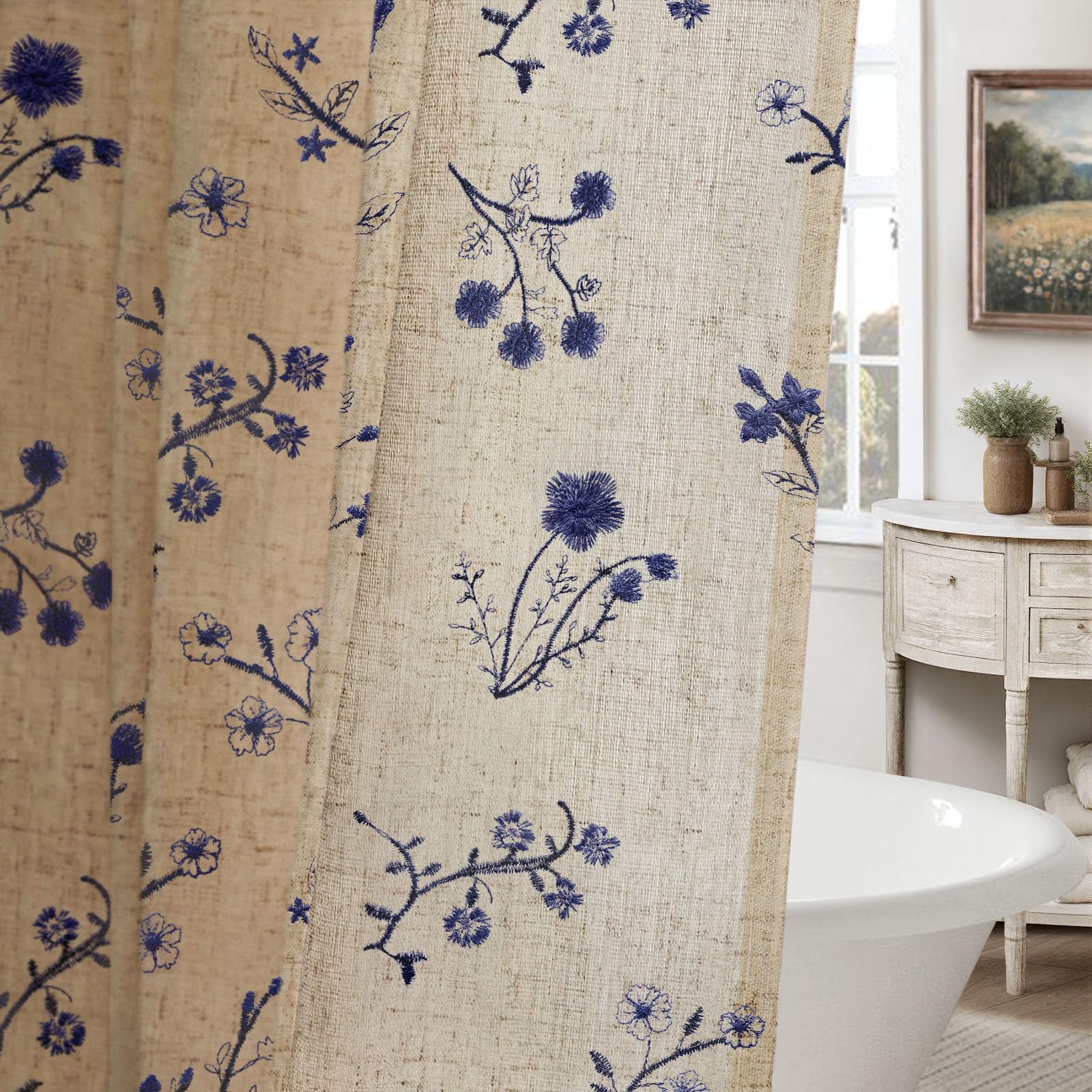 Floral Farmhouse Vintage Linen Shower Curtain, French Country Spring Shower Curtains for Bathroom, 72Wx72H