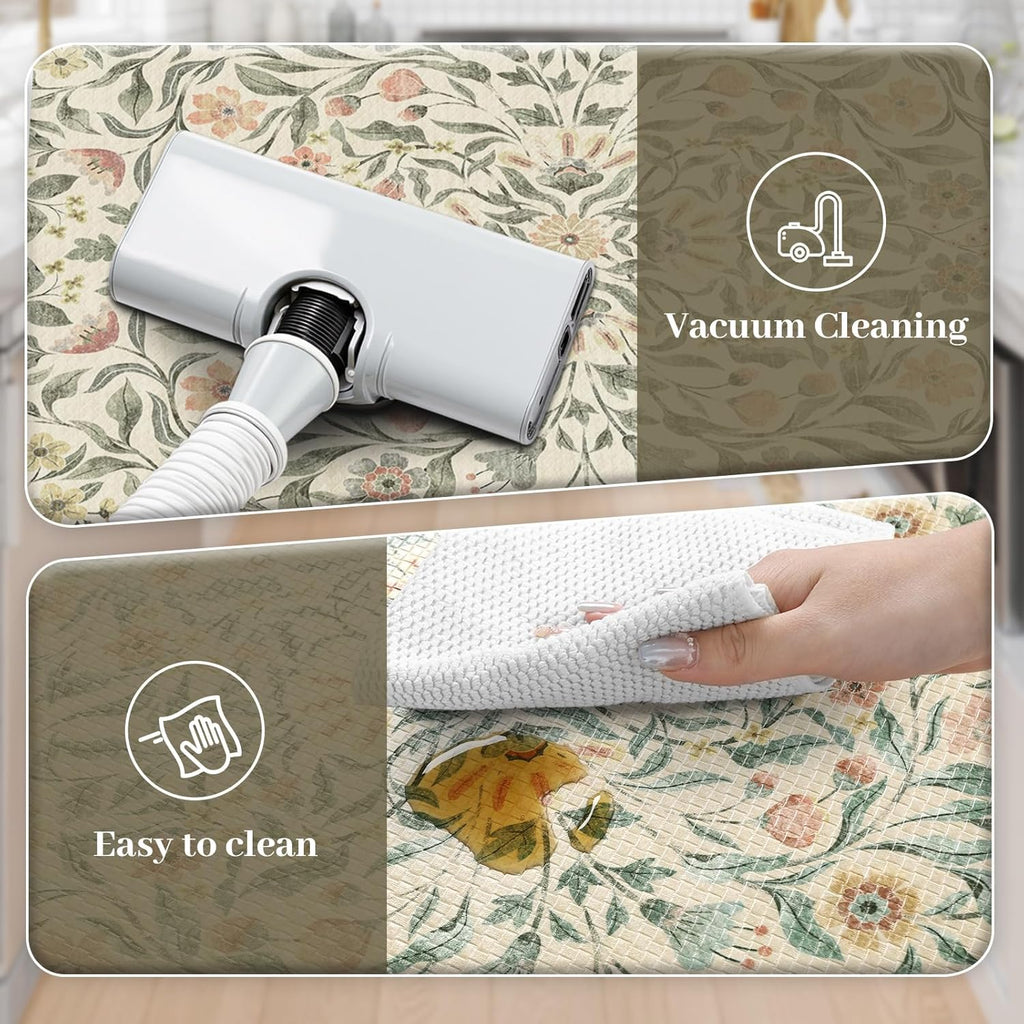 KIMODE Anti Fatigue Kitchen Mats for Floor, Boho Floral Kitchen Rugs Sets of 2, Cushioned Kitchen Floor Mats Non Slip, Comfort Spring Rugs for Kitchen Floor Sink Laundry Desk Beige 17.3"x29"+17.3"x47"