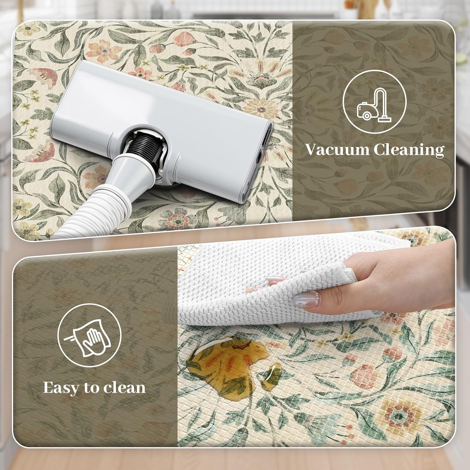 KIMODE Anti Fatigue Kitchen Mats for Floor, Boho Floral Kitchen Rugs Sets of 2, Cushioned Kitchen Floor Mats Non Slip, Comfort Spring Rugs for Kitchen Floor Sink Laundry Desk Beige 17.3"x29"+17.3"x47"