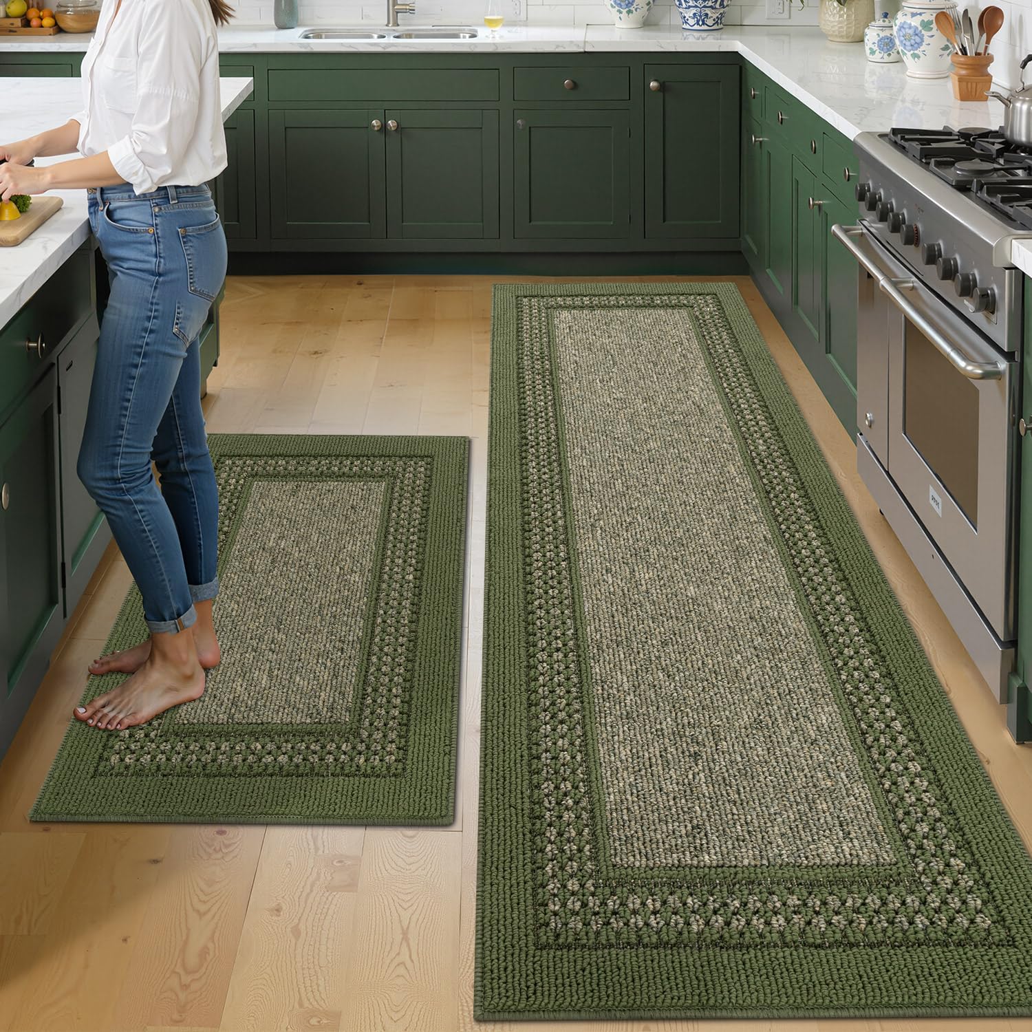 hicorfe Kitchen Runner Rugs,Set of 2 Non Slip Kitchen Mats for Floor,Vintage Stain Resistant Kitchen Mat Floor Carpet for Hallways Entryway Laundry Room Washable(20"x59"+20"x48",Grey)