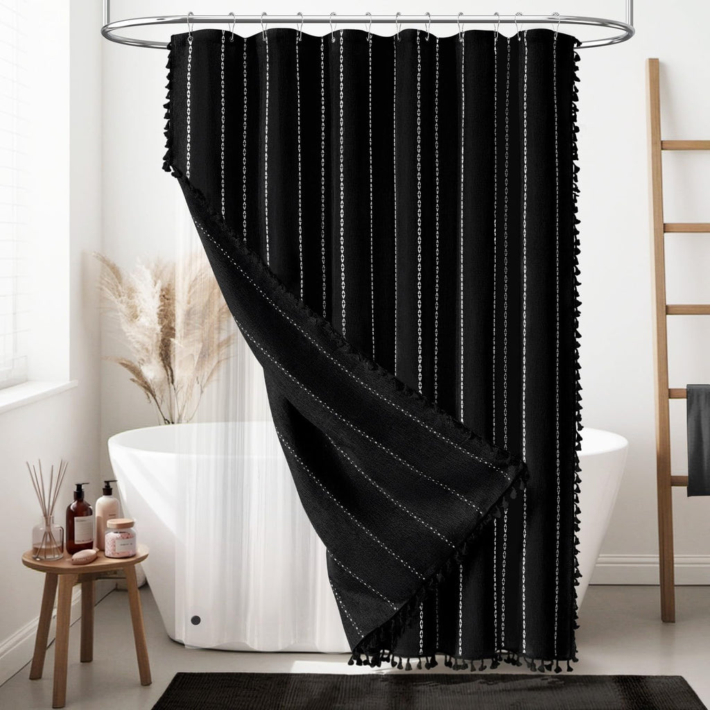 BTTN Boho Farmhouse Shower Curtain, Linen Rustic Weighted Striped Cloth Shower Curtain Set with Tassel, Water Repellent, Bohemian Vintage Country Fabric Shower Curtain for Bathroom, Cream/Beige, 72x72