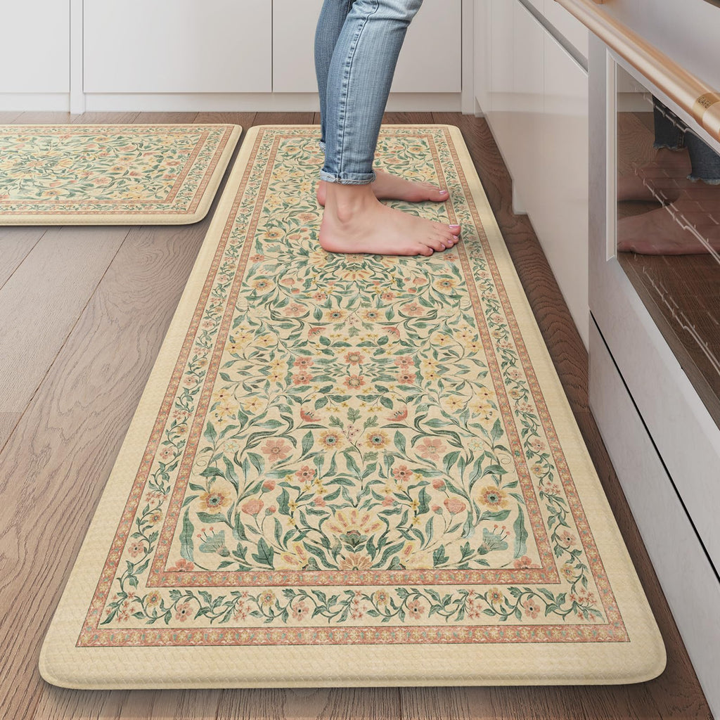 KIMODE Anti Fatigue Kitchen Mats for Floor, Boho Floral Kitchen Rugs Sets of 2, Cushioned Kitchen Floor Mats Non Slip, Comfort Spring Rugs for Kitchen Floor Sink Laundry Desk Beige 17.3"x29"+17.3"x47"