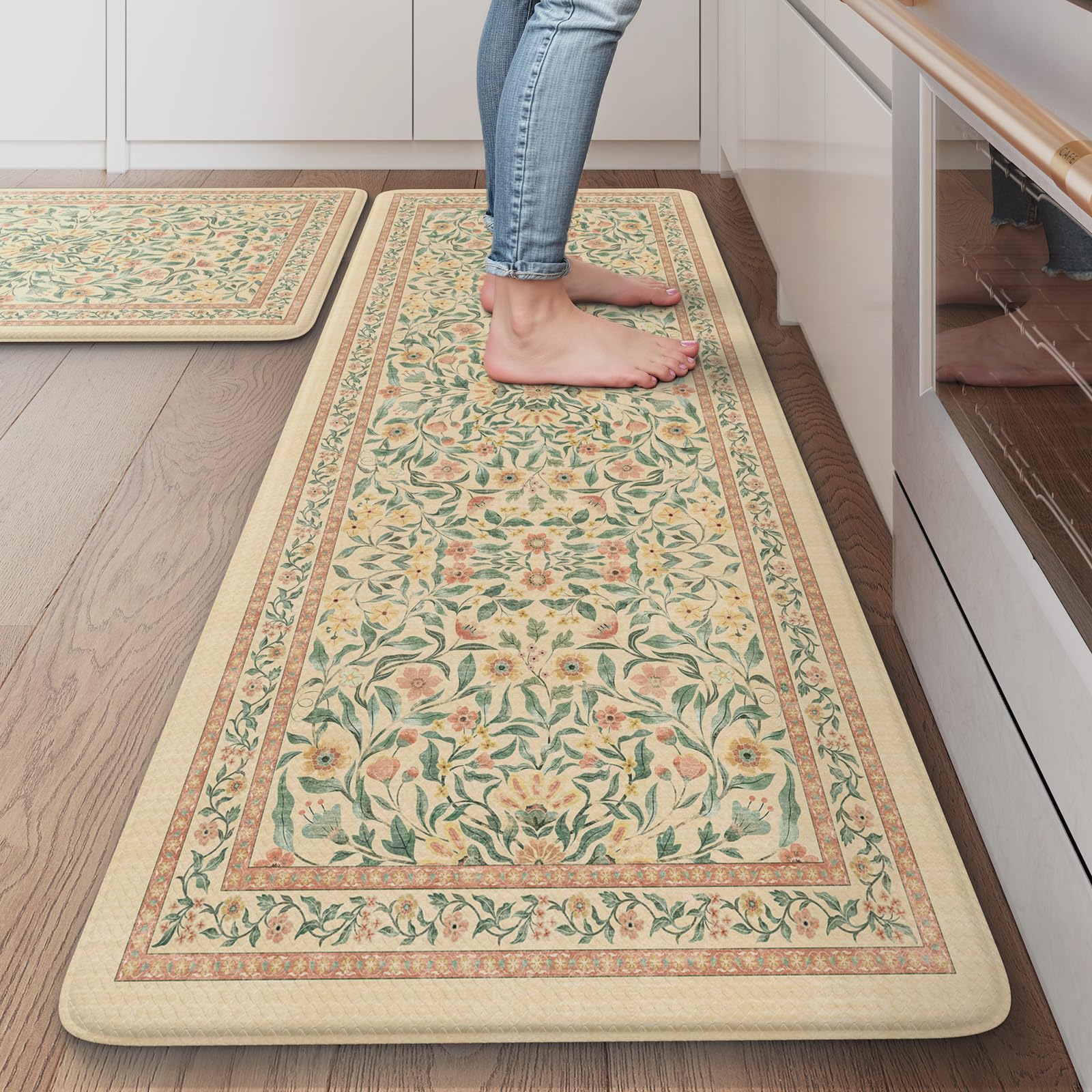 KIMODE Anti Fatigue Kitchen Mats for Floor, Boho Floral Kitchen Rugs Sets of 2, Cushioned Kitchen Floor Mats Non Slip, Comfort Spring Rugs for Kitchen Floor Sink Laundry Desk Beige 17.3"x29"+17.3"x47"