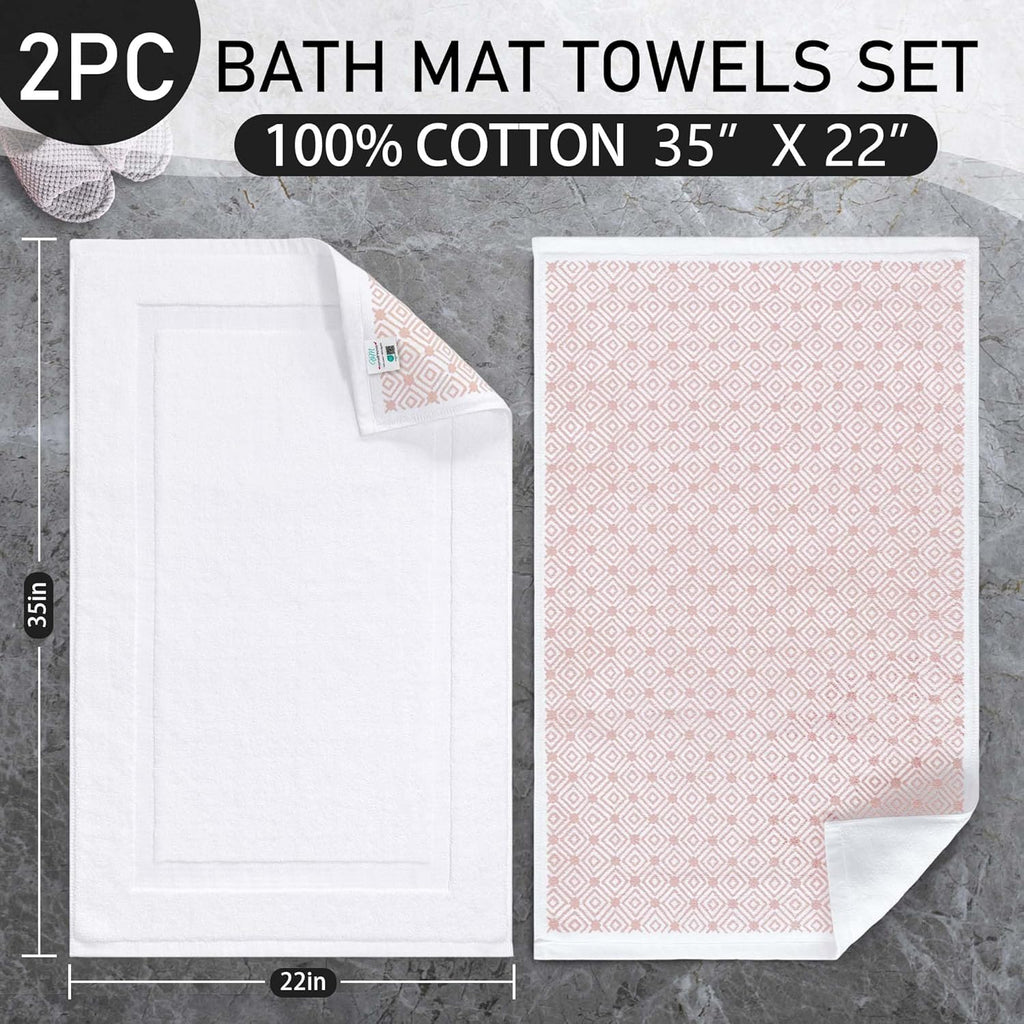 VOOVA & MOVAS White Hotel-Grade Quality Cotton Bath Mats Set of 2 - Non Slip Design, Thick 1000gsm, Absorbent, Machine Washable, Large 22"x35" Bathroom Floor Towels, Safe for Bath Floors