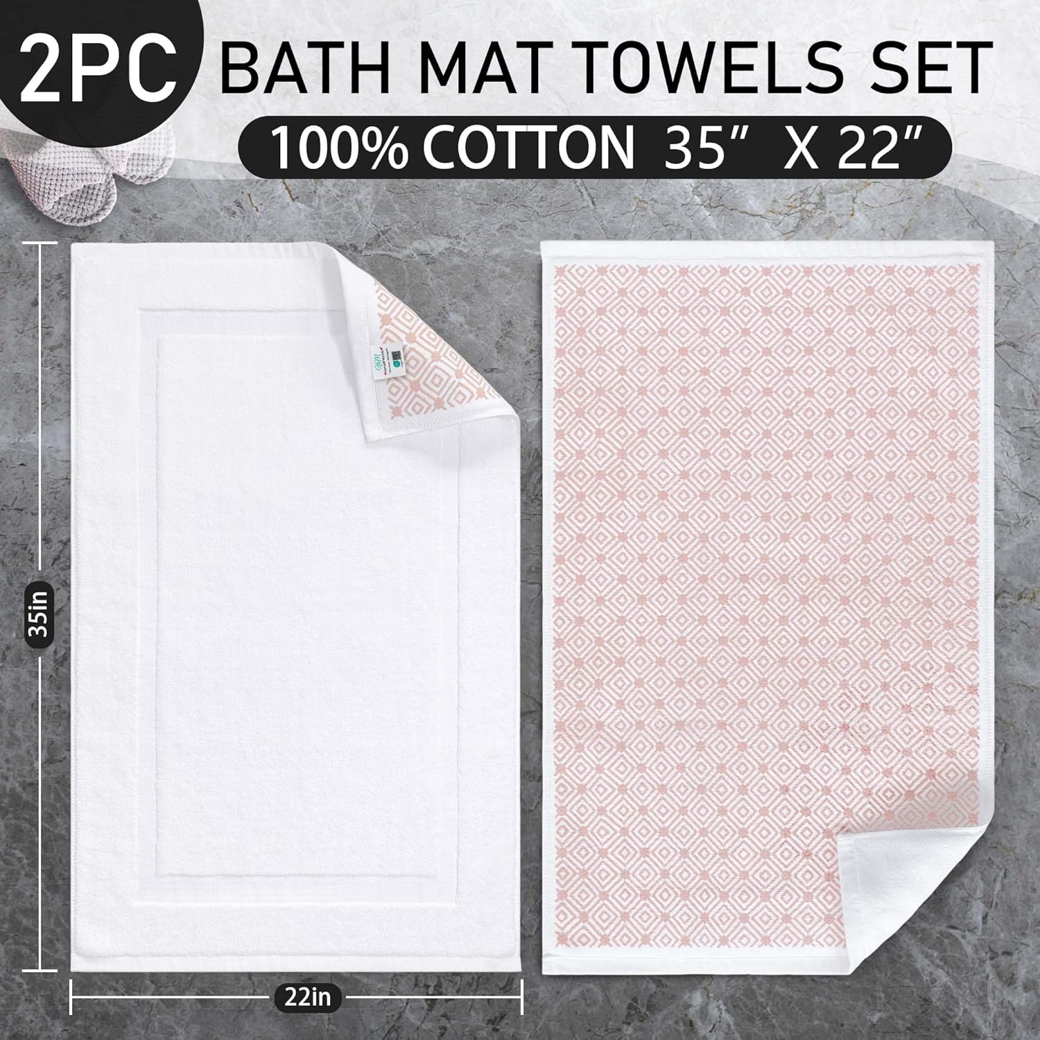 VOOVA & MOVAS White Hotel-Grade Quality Cotton Bath Mats Set of 2 - Non Slip Design, Thick 1000gsm, Absorbent, Machine Washable, Large 22"x35" Bathroom Floor Towels, Safe for Bath Floors