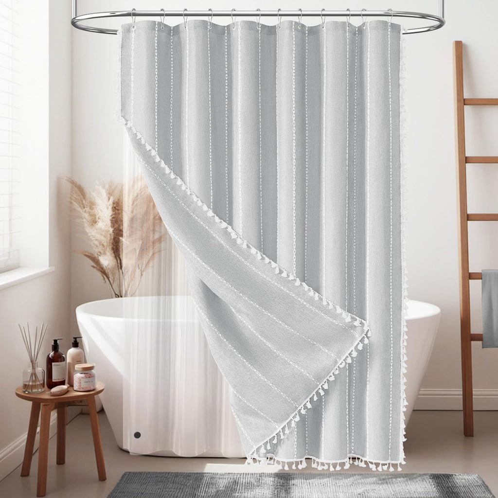 BTTN Boho Farmhouse Shower Curtain, Linen Rustic Weighted Striped Cloth Shower Curtain Set with Tassel, Water Repellent, Bohemian Vintage Country Fabric Shower Curtain for Bathroom, Cream/Beige, 72x72