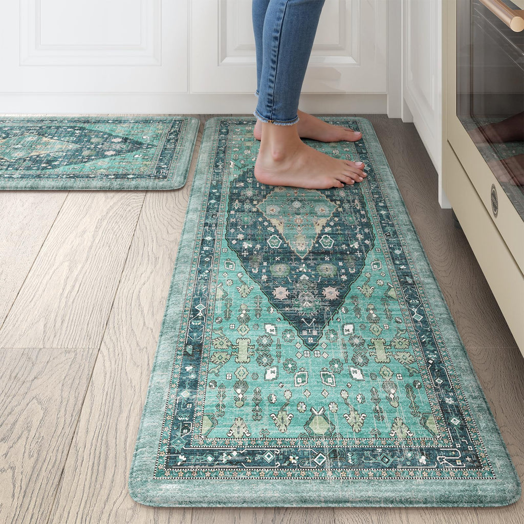 Collive Boho Kitchen Mats 2PCS, Cushioned Kitchen Mat for Floor Anti Fatigue Waterproof Kitchens Rugs Set of 2, Non Skid Comfort Standing Rug for Office, Sink, Laundry, 17.3"x29"+17.3"x47"