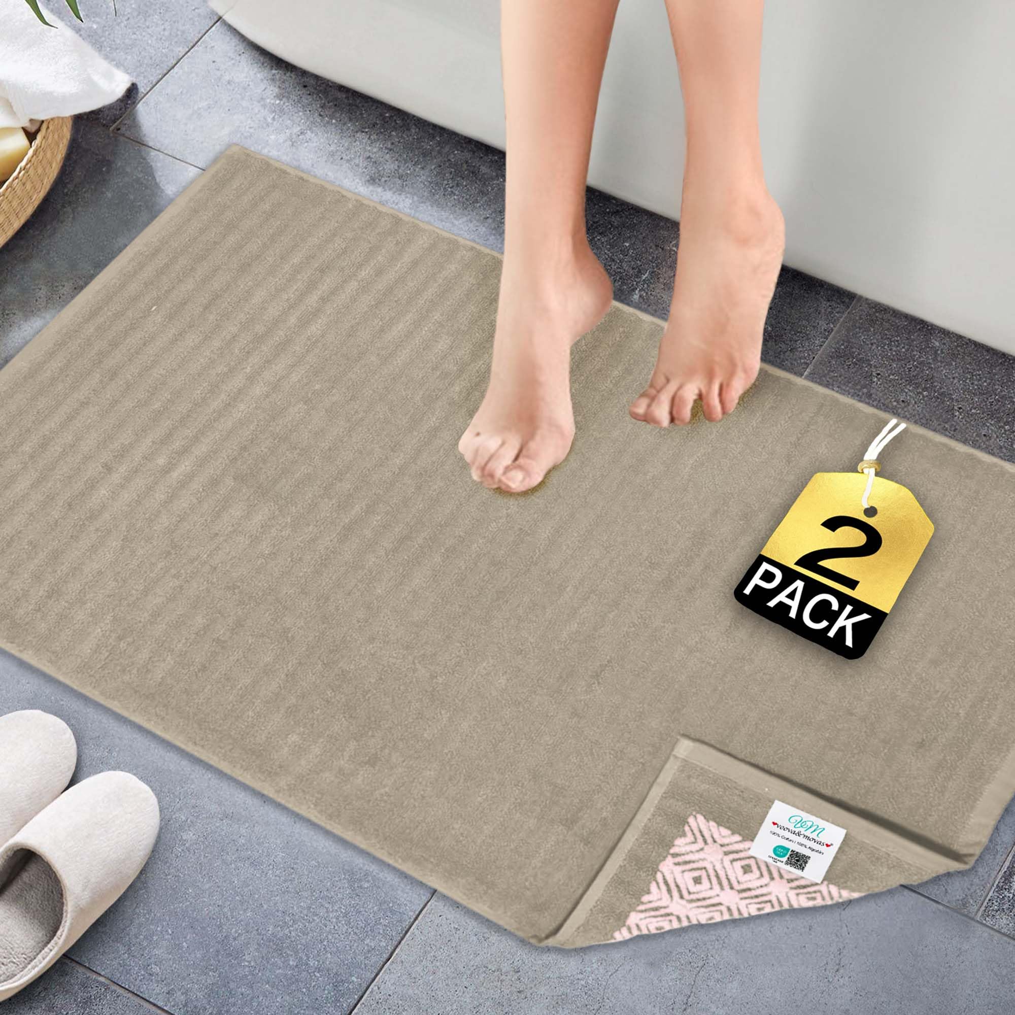 VOOVA & MOVAS White Hotel-Grade Quality Cotton Bath Mats Set of 2 - Non Slip Design, Thick 1000gsm, Absorbent, Machine Washable, Large 22"x35" Bathroom Floor Towels, Safe for Bath Floors