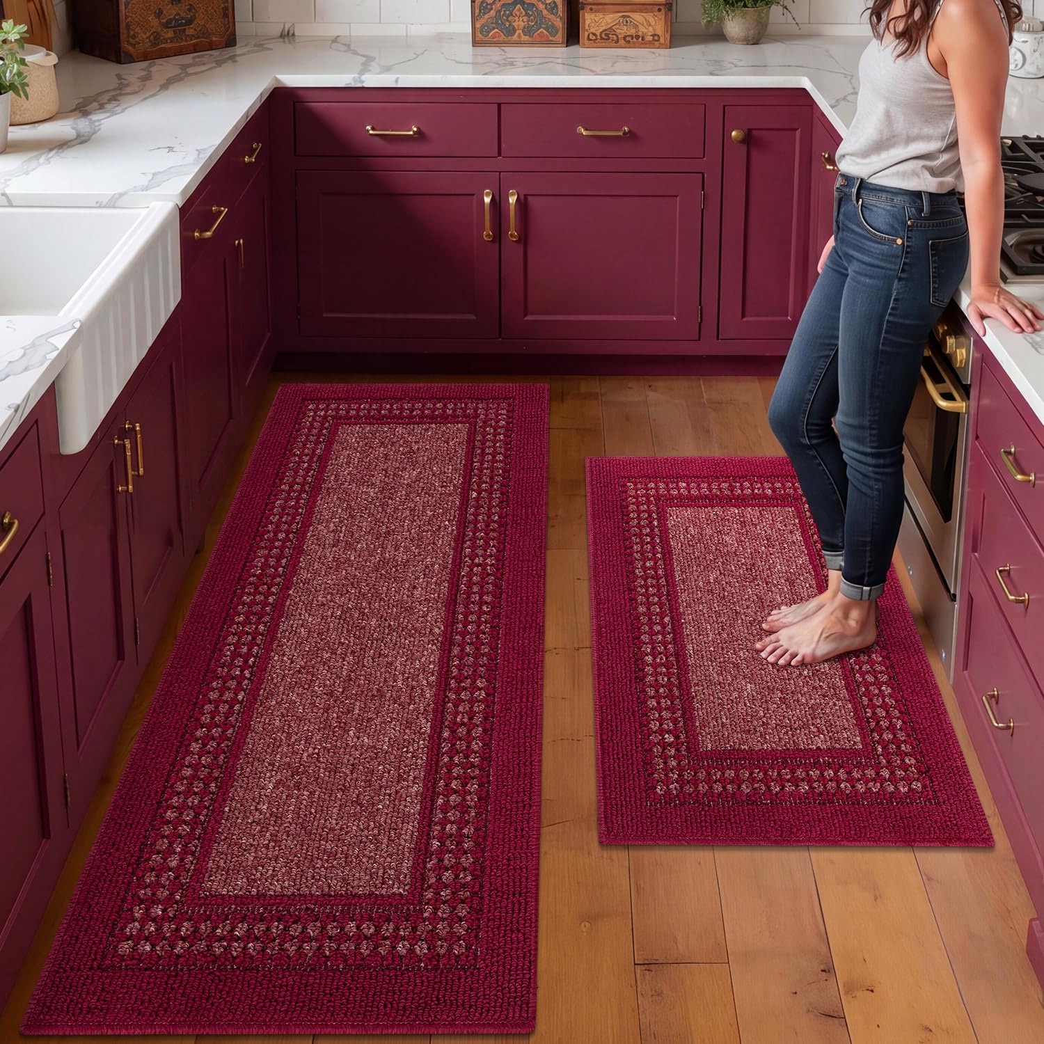hicorfe Kitchen Runner Rugs,Set of 2 Non Slip Kitchen Mats for Floor,Vintage Stain Resistant Kitchen Mat Floor Carpet for Hallways Entryway Laundry Room Washable(20"x59"+20"x48",Grey)