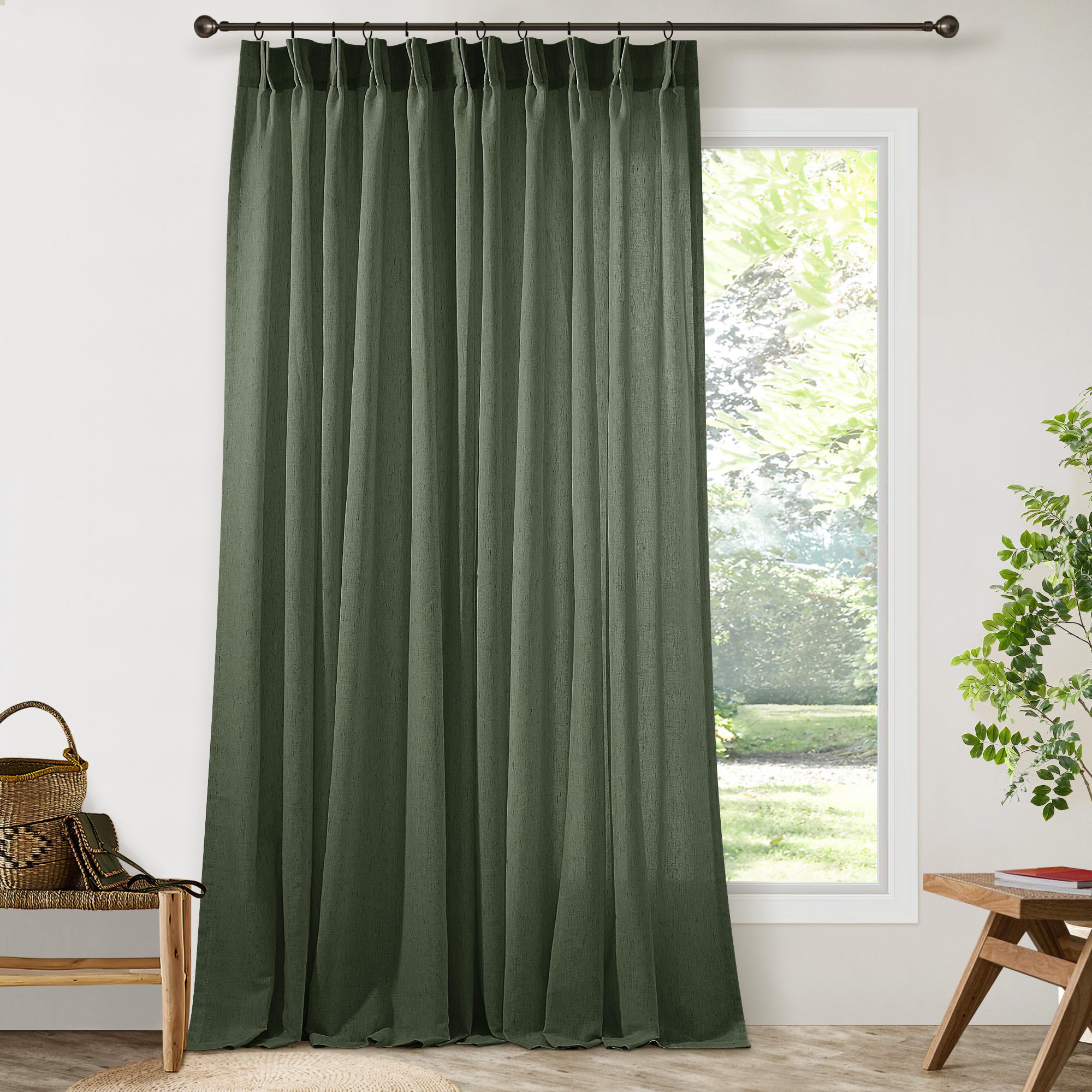 Natural Pinch Pleated Linen Curtains 72 Inches Long 72 Inch Wide for Living Room Bathroom Light Filtering Semi Sheer Shower Bath Curtain 72x72 Boho Neutral Pinch Pleated Drape Hooks Rings 1 Panel