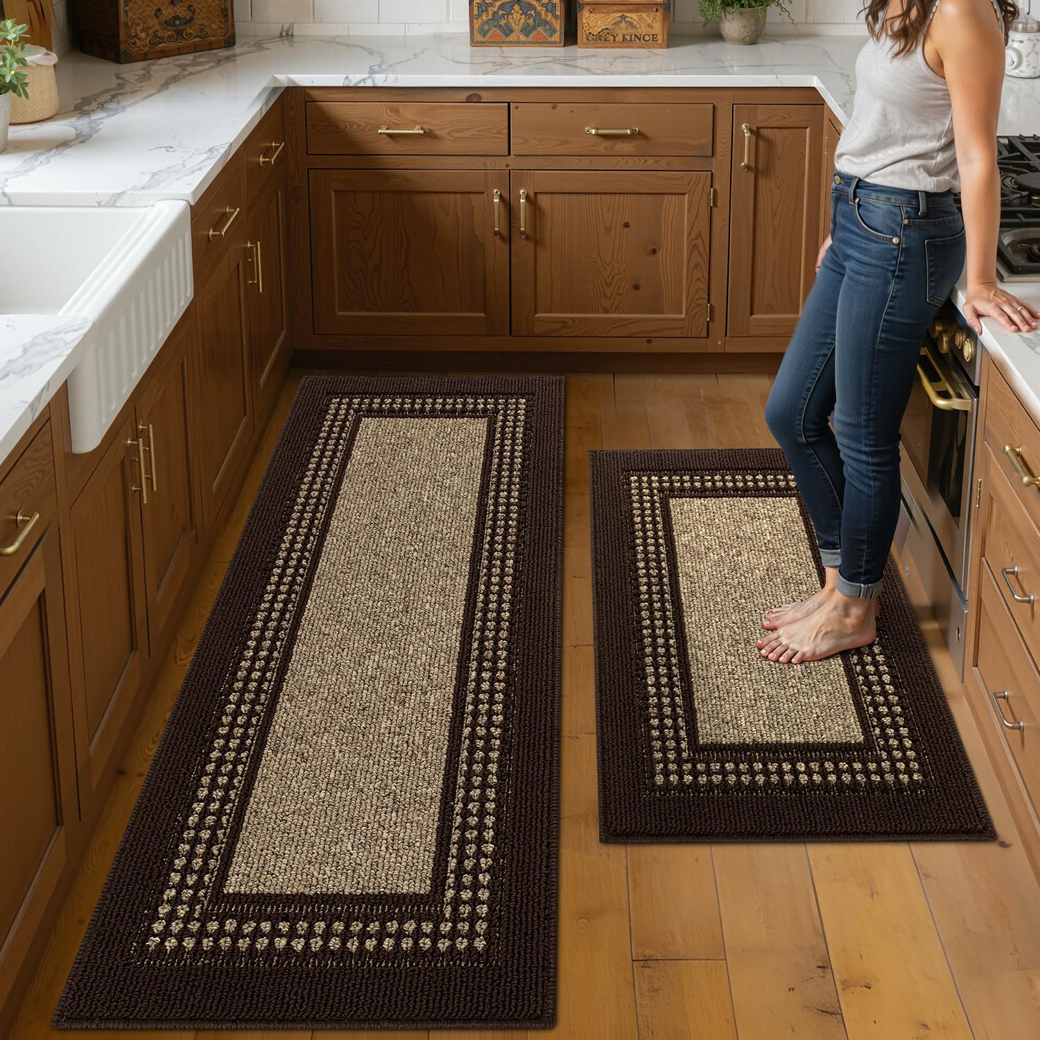 hicorfe Kitchen Runner Rugs,Set of 2 Non Slip Kitchen Mats for Floor,Vintage Stain Resistant Kitchen Mat Floor Carpet for Hallways Entryway Laundry Room Washable(20"x59"+20"x48",Grey)