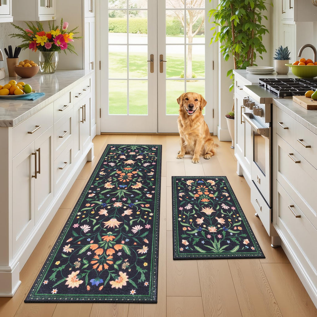 Ileading Kitchen Mat Sets 2 Piece,Plant Florals Rugs for Kitchen Floor,Stain Resistant Standing Mats with Non Slip Rubber Backing,Waterproof Runner Rugs for Laundry,Doormat,Entryway(Beige Florals)