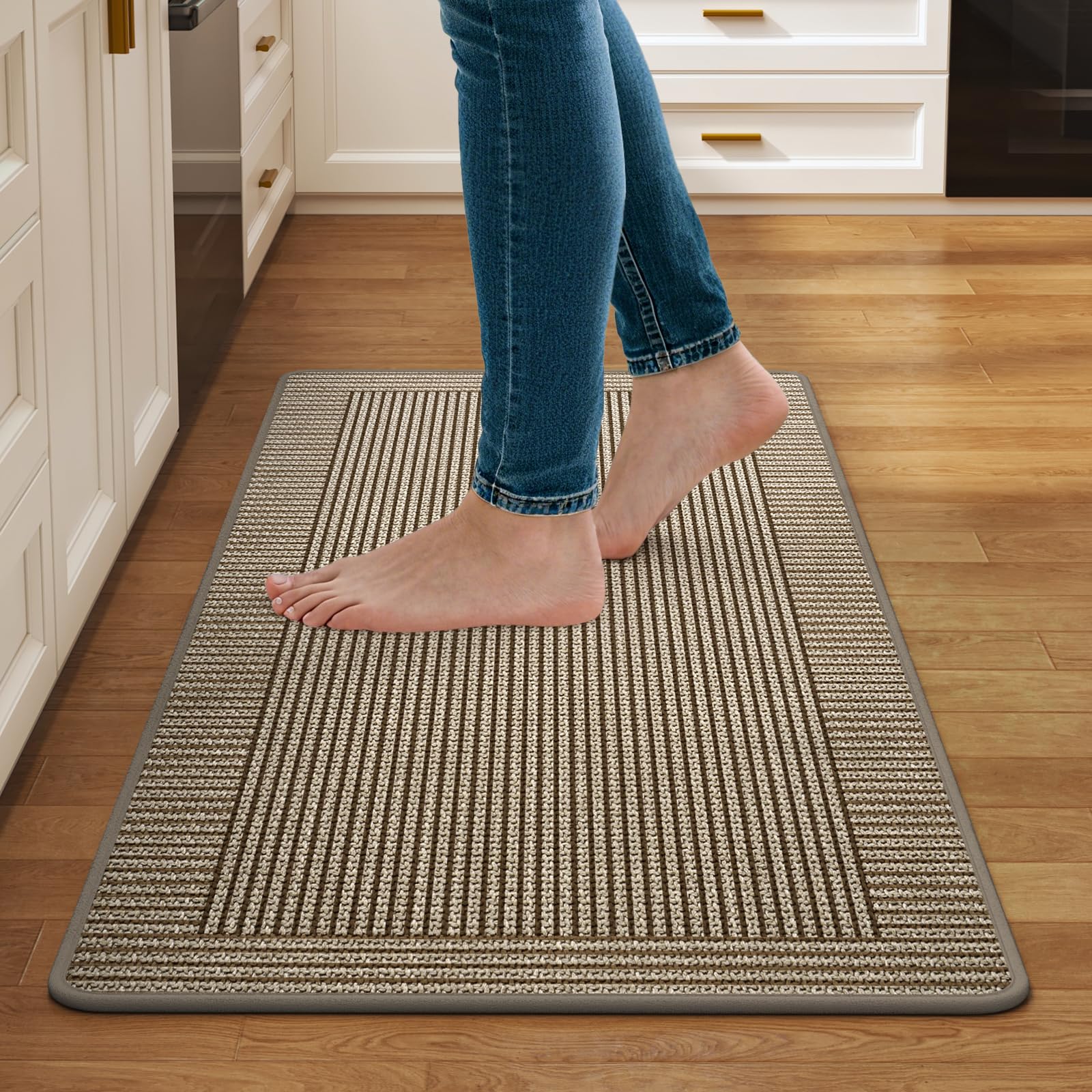 Kitchen Rugs Set of 2,Kitchen Mats for Floor, Runner Rugs Non Slip Washable Absorbent Kitchen Floor Mat, Braided Kitchen Sink Rug, 17''x30''+17''x47'' Brown