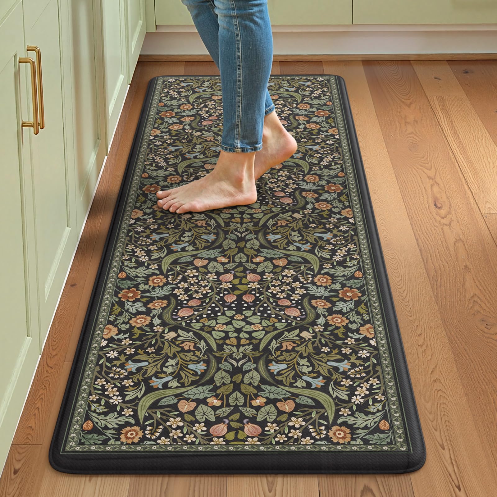 Collive Kitchen Mats for Floor 2PCS, Cushioned Anti Fatigue Mat Non Slip Waterproof Kitchen Sink Rugs, Washable Vintage Spring Floral Rug Comfort Standing Mat for Laundry, Desk, Bar, Office, Black